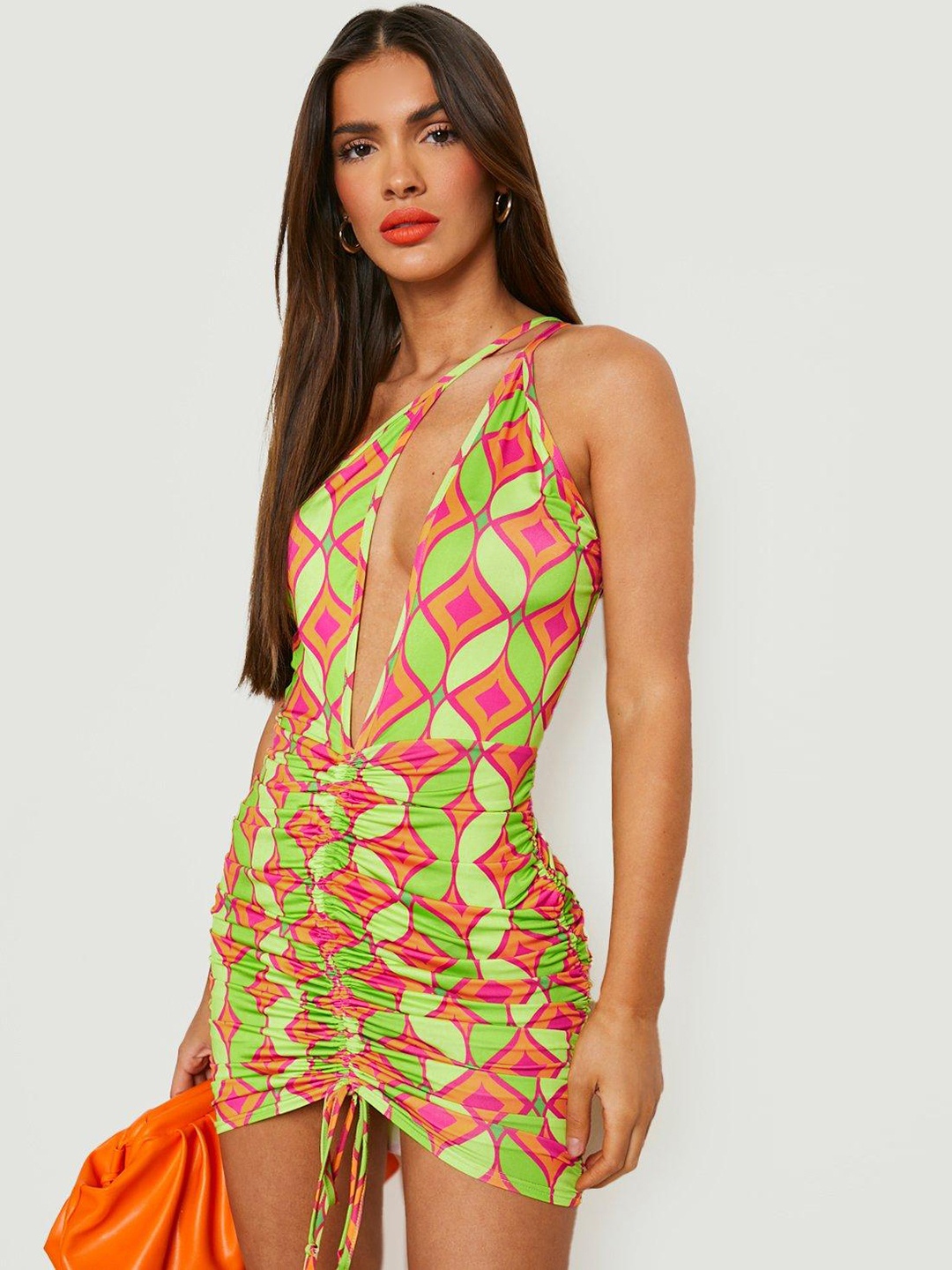 

Boohoo One Shoulder Plunge Neck Ruched Bodycon Mini Dress, Green