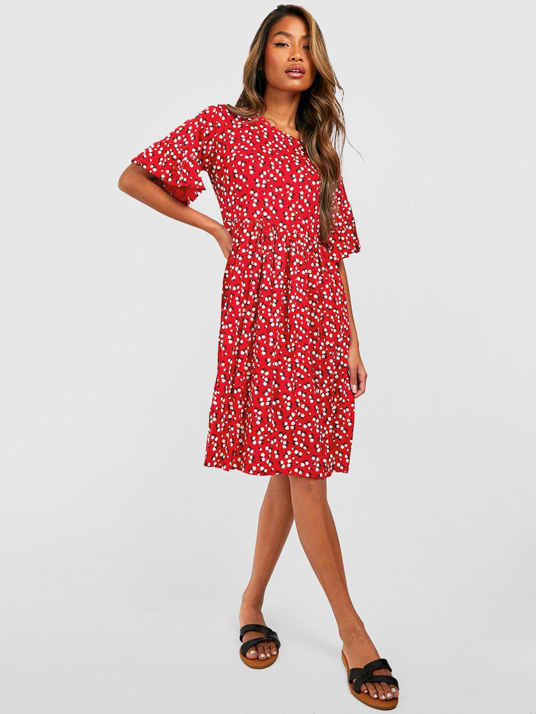 

Boohoo Floral Printed A-Line Dress, Red