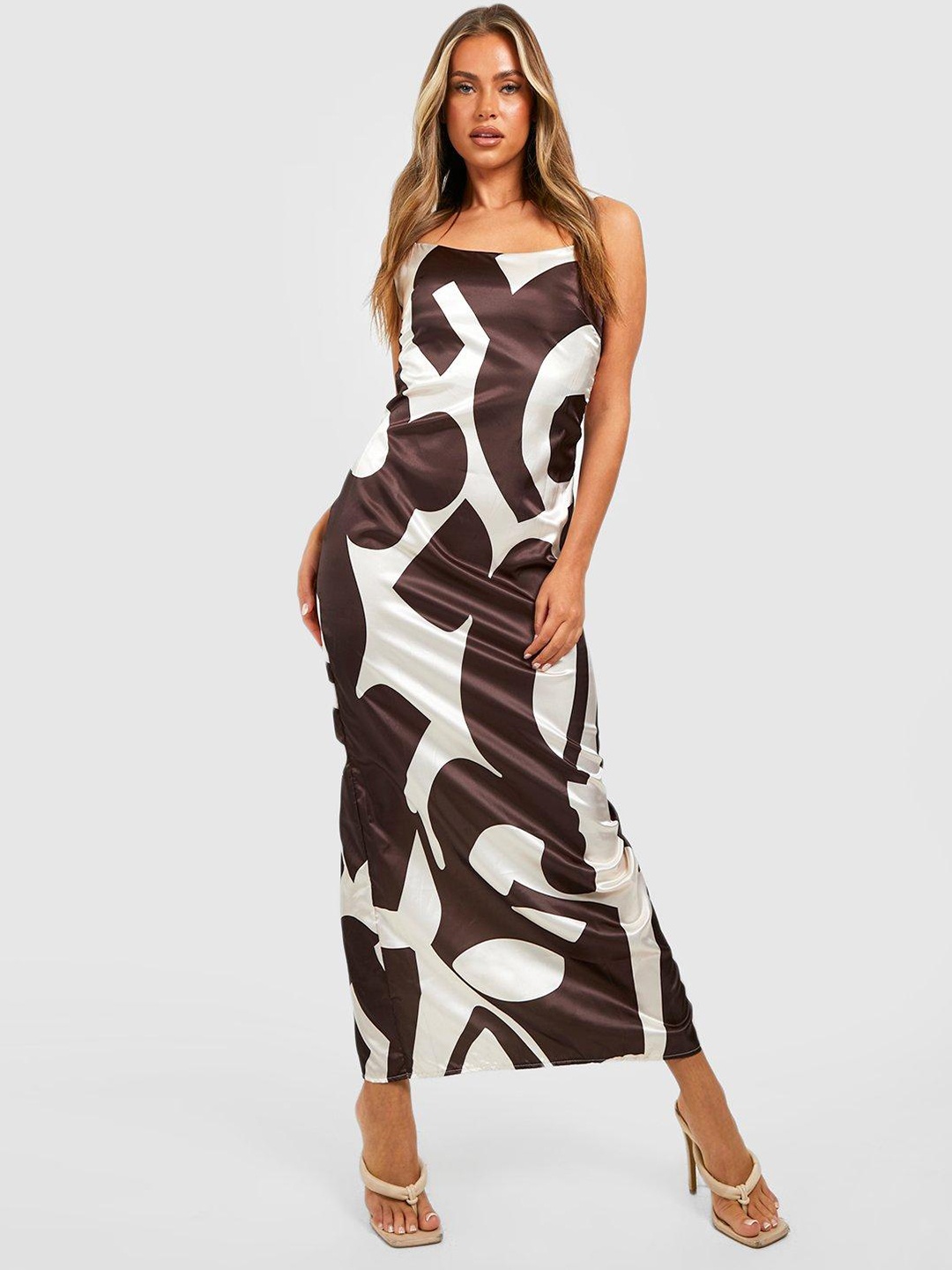 

Boohoo Printed Satin Finish Maxi Slip Dress, White