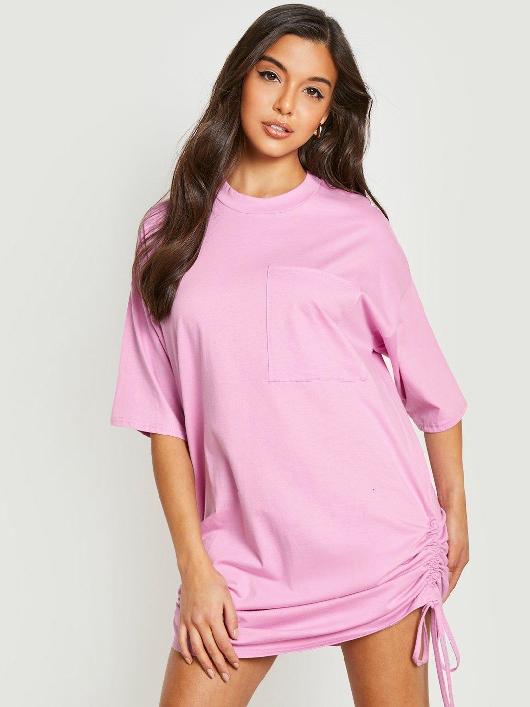 

Boohoo Pure Cotton Pocket Detail Ruched T-shirt Dress, Pink