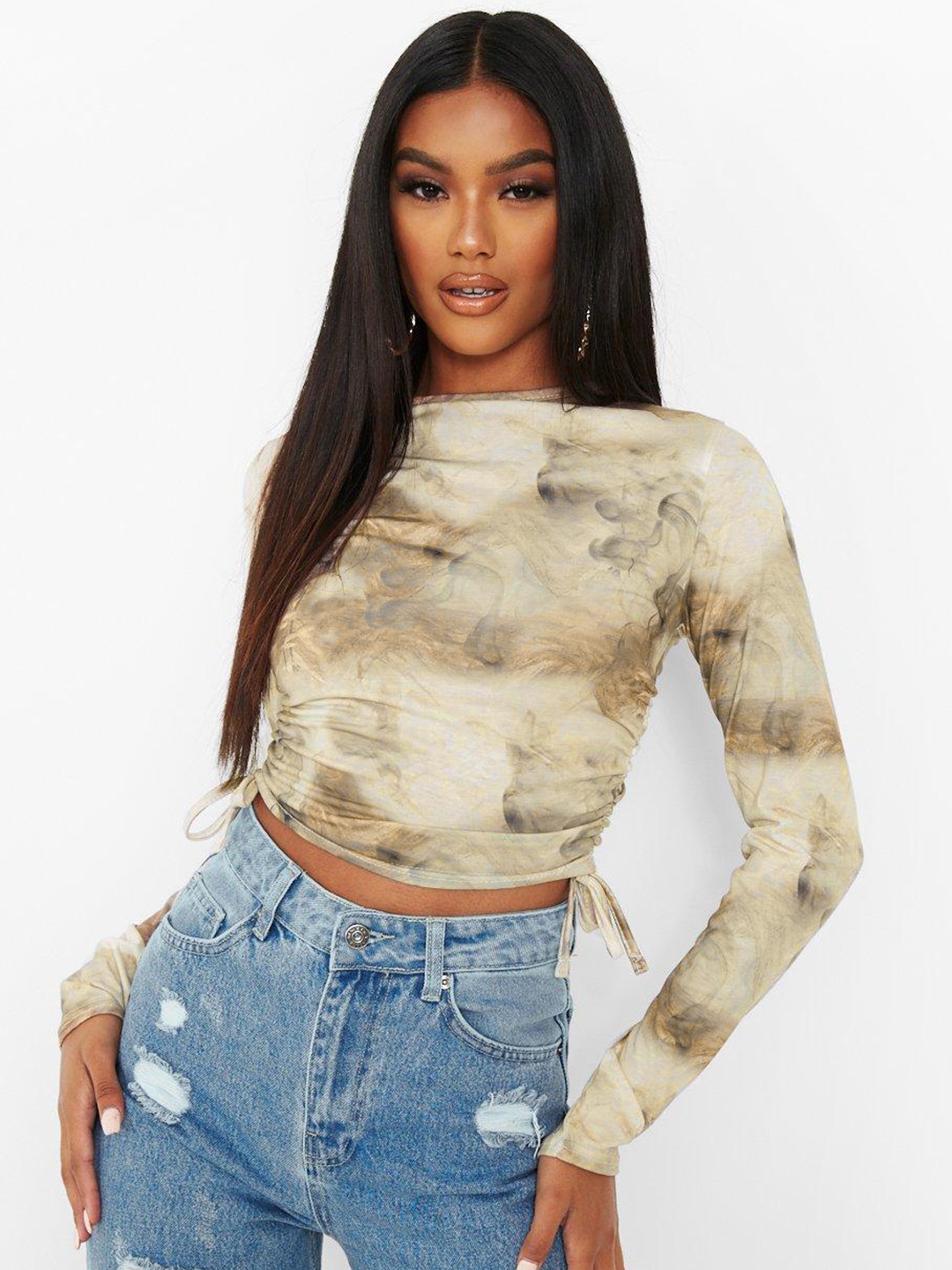 

Boohoo Marble Printed Ruched Long Sleeve Crop Top, Off white