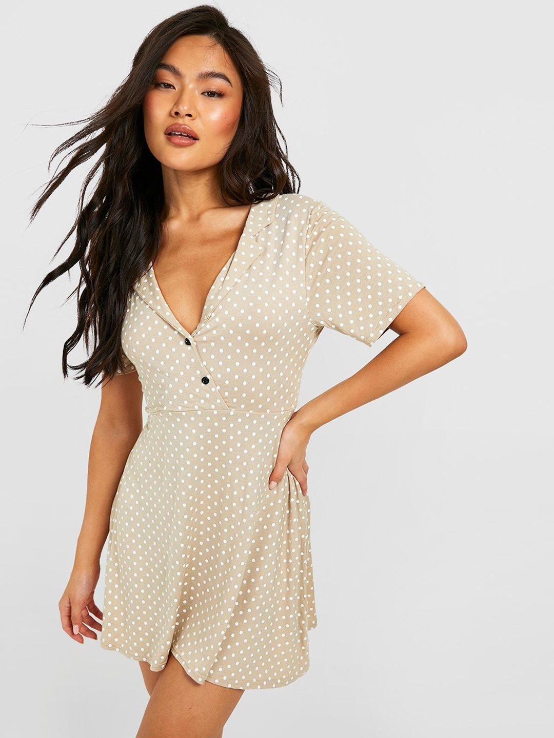 

Boohoo Polka Dots A-Line Mini Dress, Beige