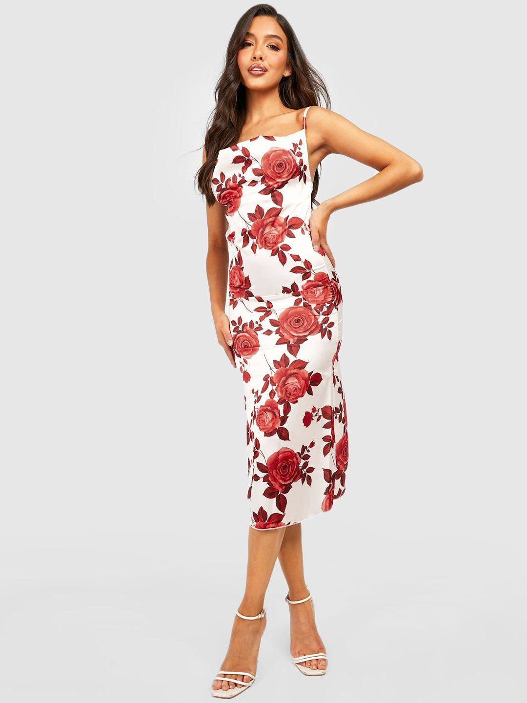 

Boohoo Floral Print Satin Finish Sheath Midi Dress, Off white