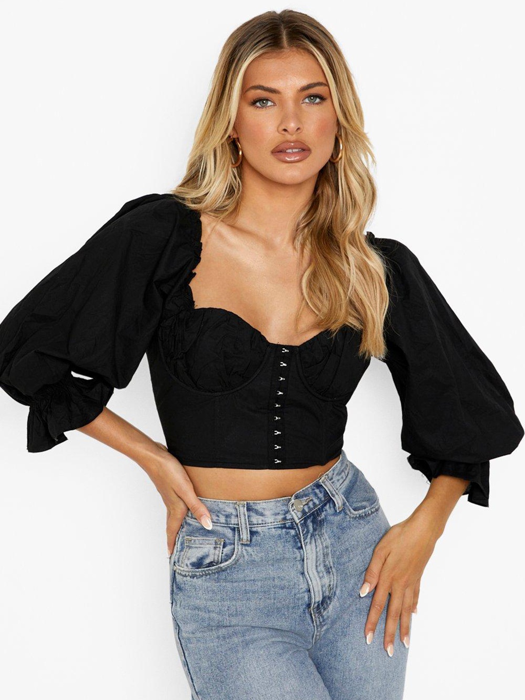 

Boohoo Sweetheart Neck Puff Sleeves Corset-Style Crop Top, Black