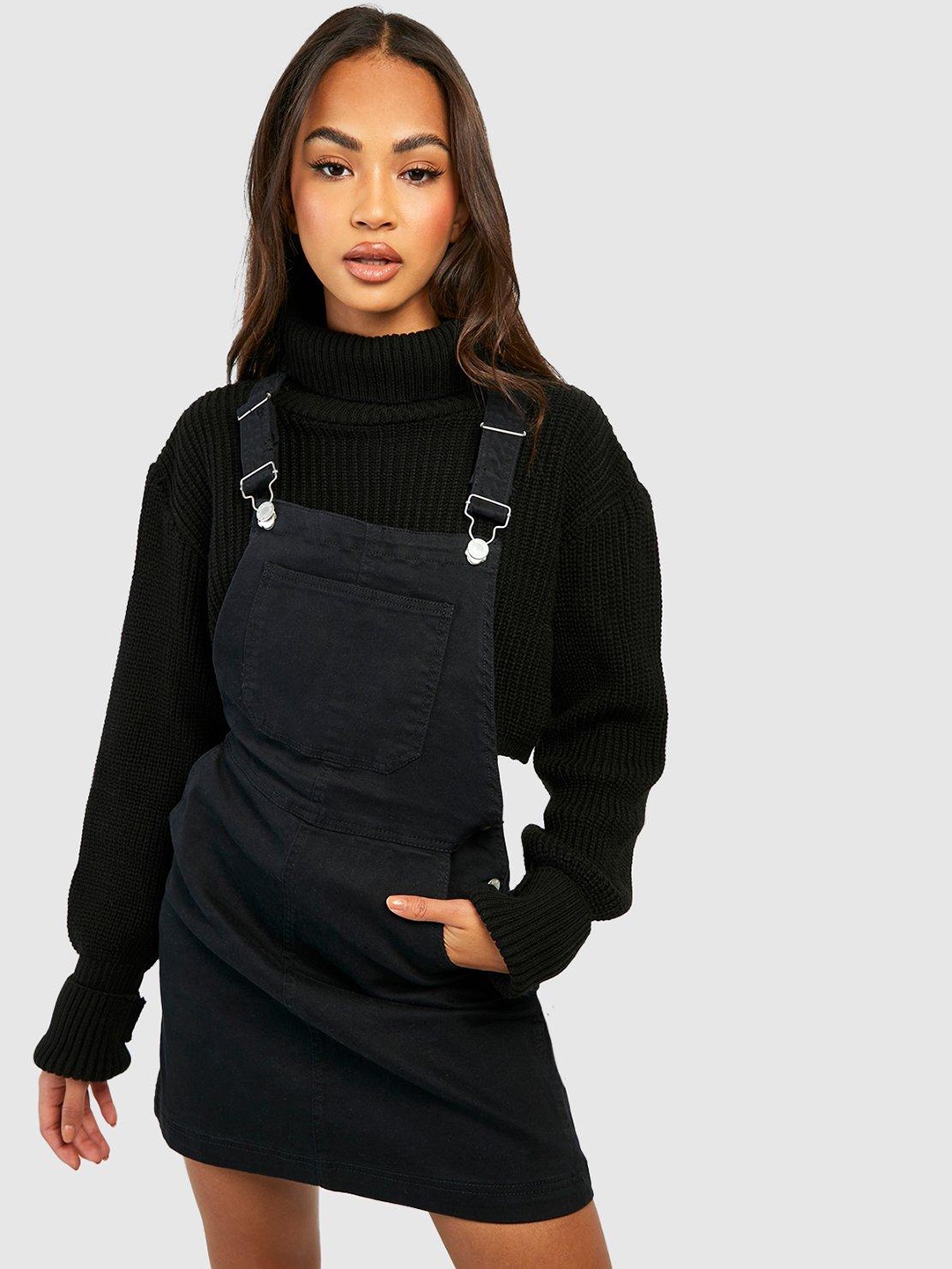 

Boohoo Denim Dungaree Mini Pinafore Dress, Black