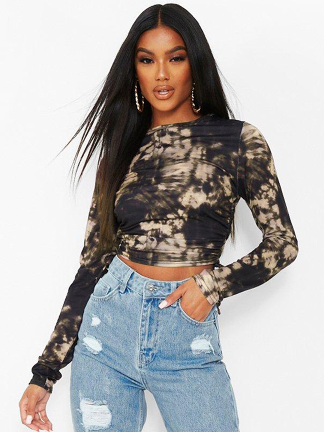 

Boohoo Tie & Dye Ruched Crop Top, Black