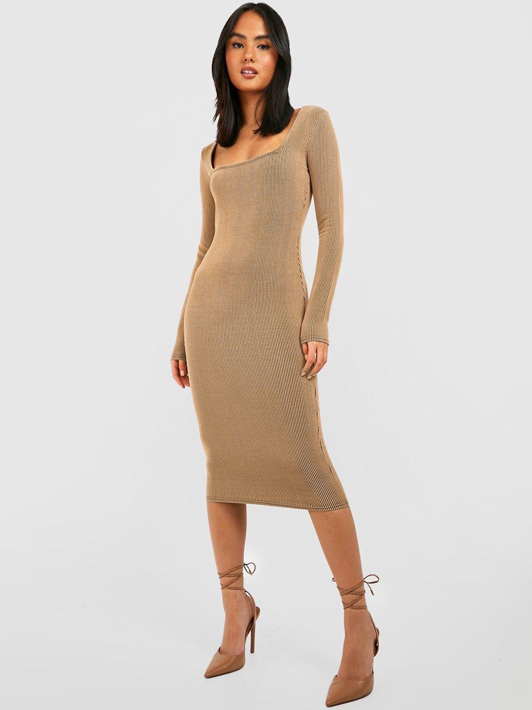 

Boohoo Ribbed Bodycon Midi Dress, Beige