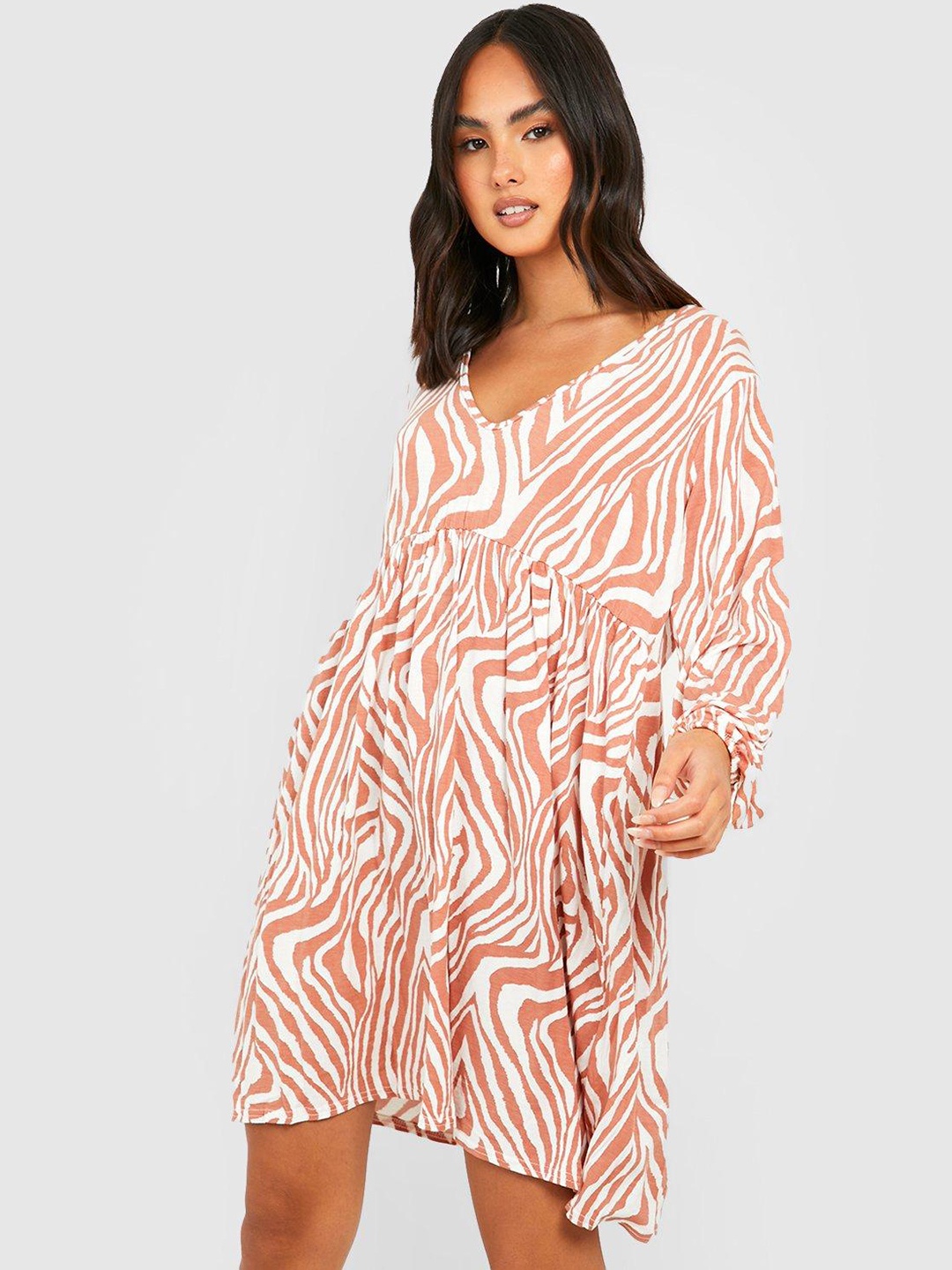 Boohoo Animal Print Bishop Sleeves A-Line Dress, White