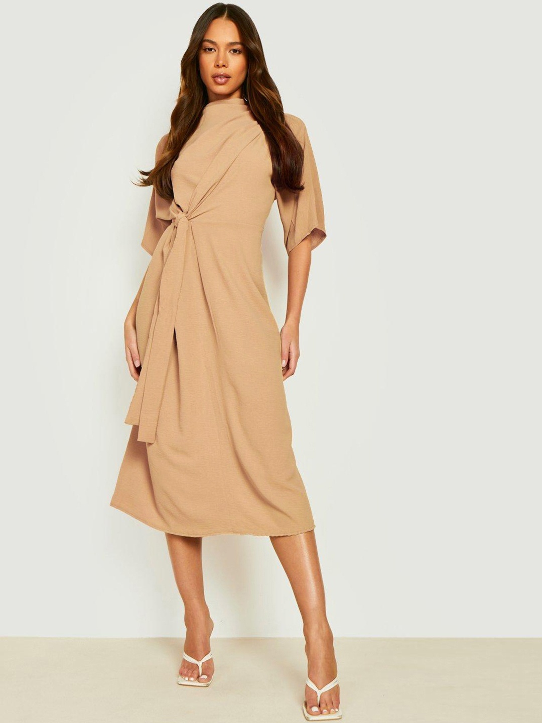 

Boohoo High Neck Knot Detail A-Line Midi Dress, Beige