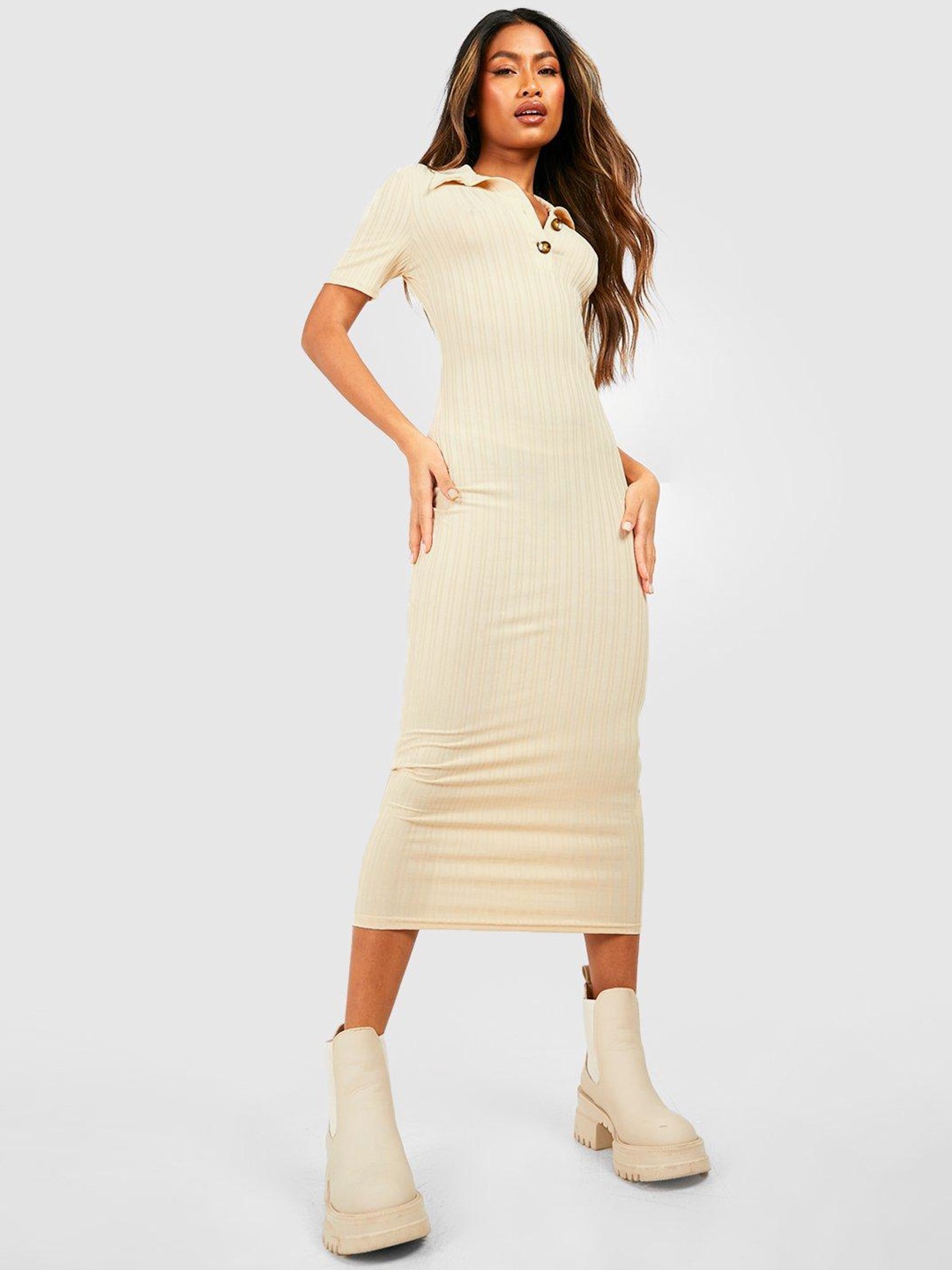 

Boohoo Ribbed Shirt Collar Bodycon Midi Dress, Beige