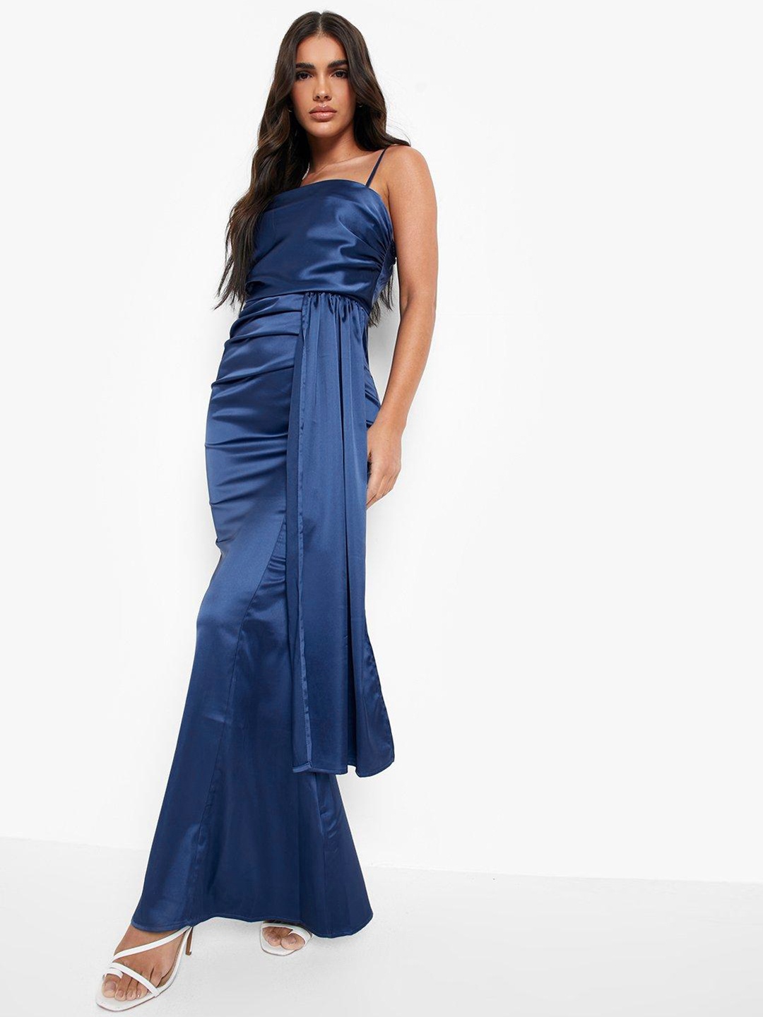 

Boohoo Satin Finish Draped Sheath Maxi Dress, Blue