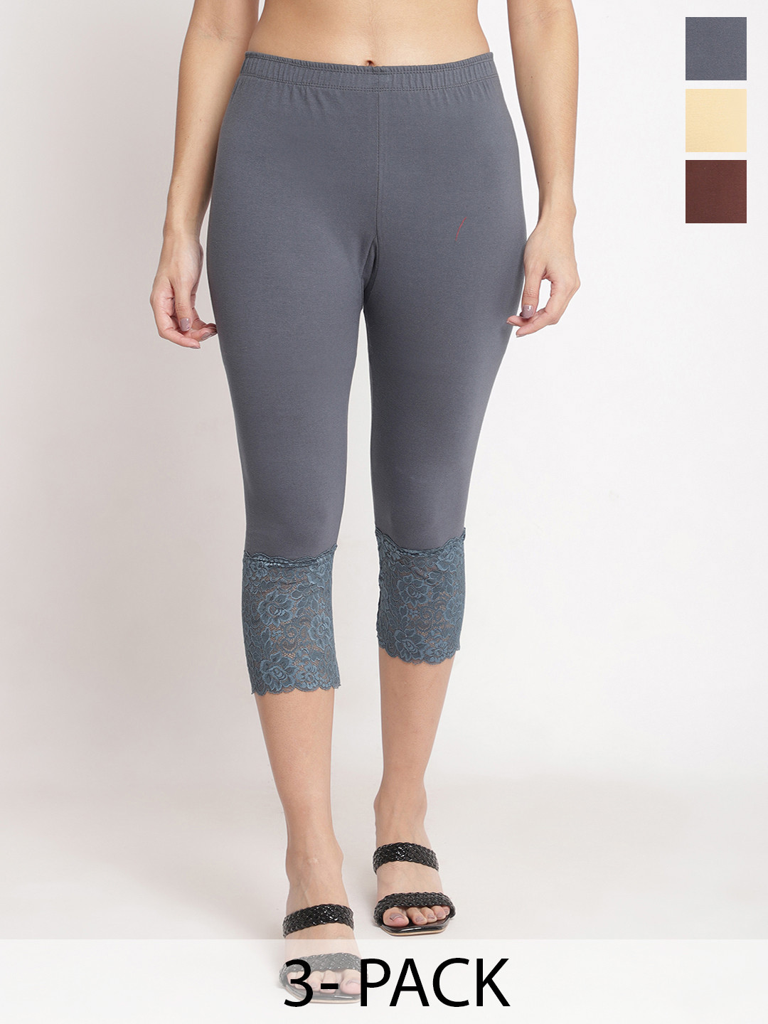 

Jinfo Women Pack Of 3 Skinny Fit Capris, Grey