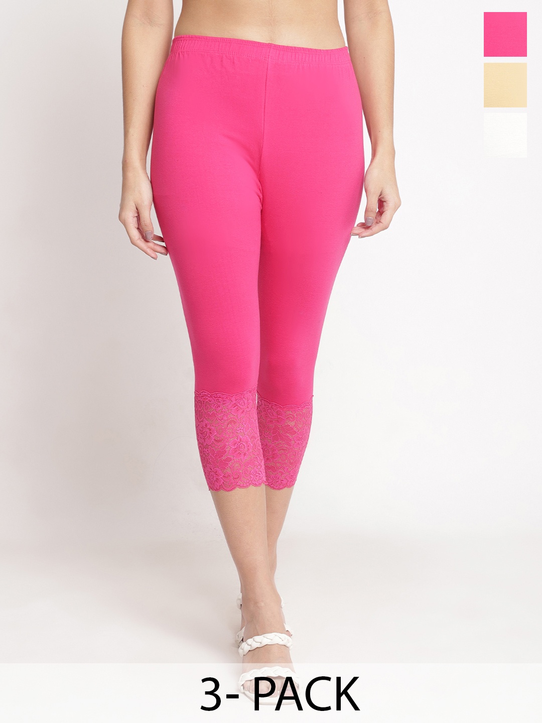 

Jinfo Women Pack Of 3 Skinny Fit Capris, Pink