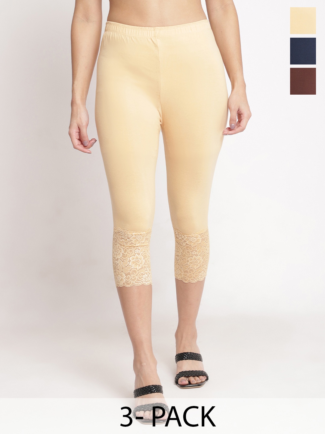 

Jinfo Women Pack Of 3 Skinny Fit Capris, Beige