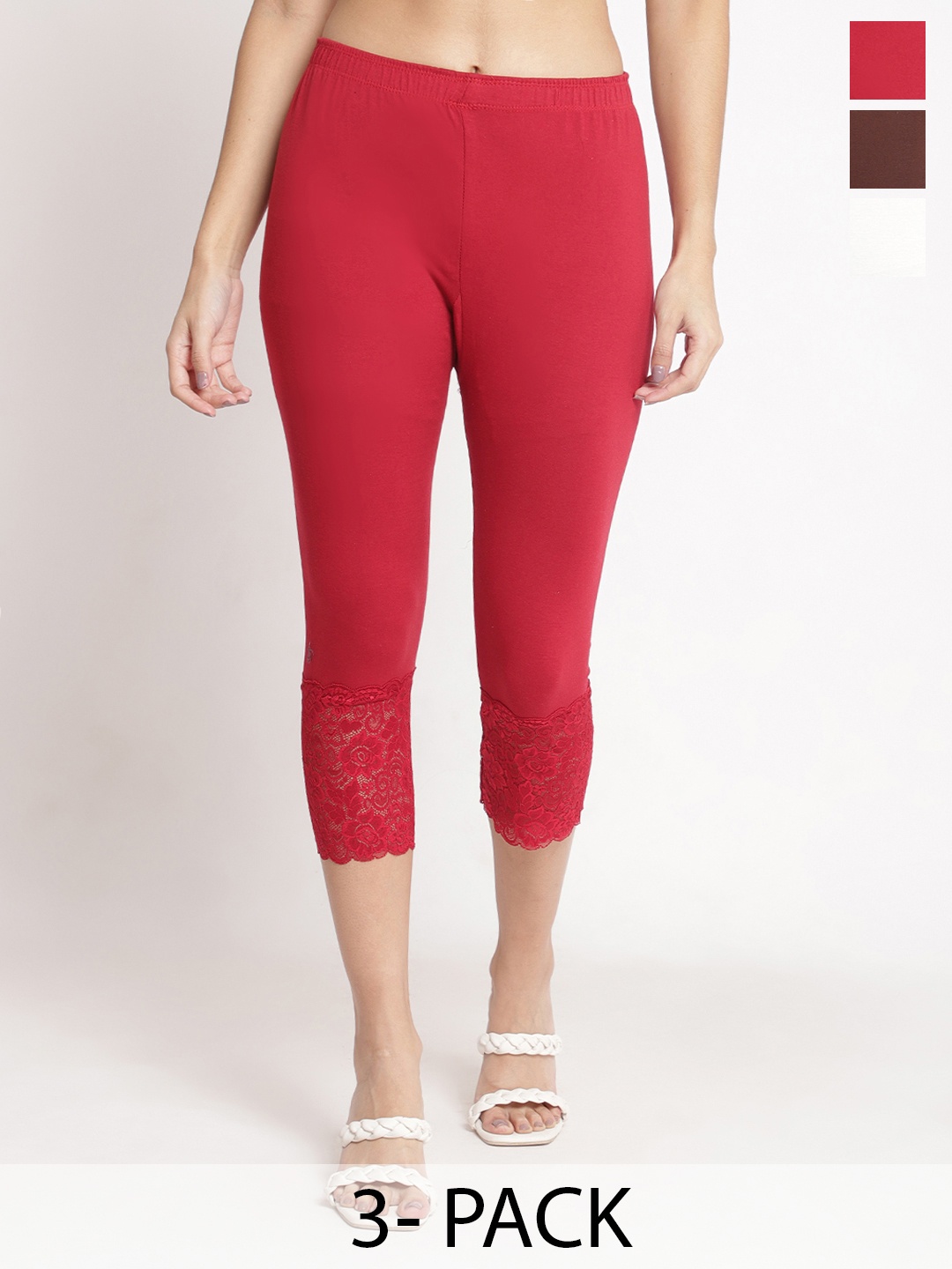 

Jinfo Women Pack Of 3 Skinny Fit Capris, Maroon