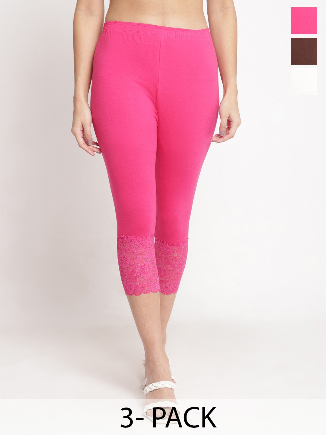 

Jinfo Women Pack Of 3 Skinny Fit Capris, Pink
