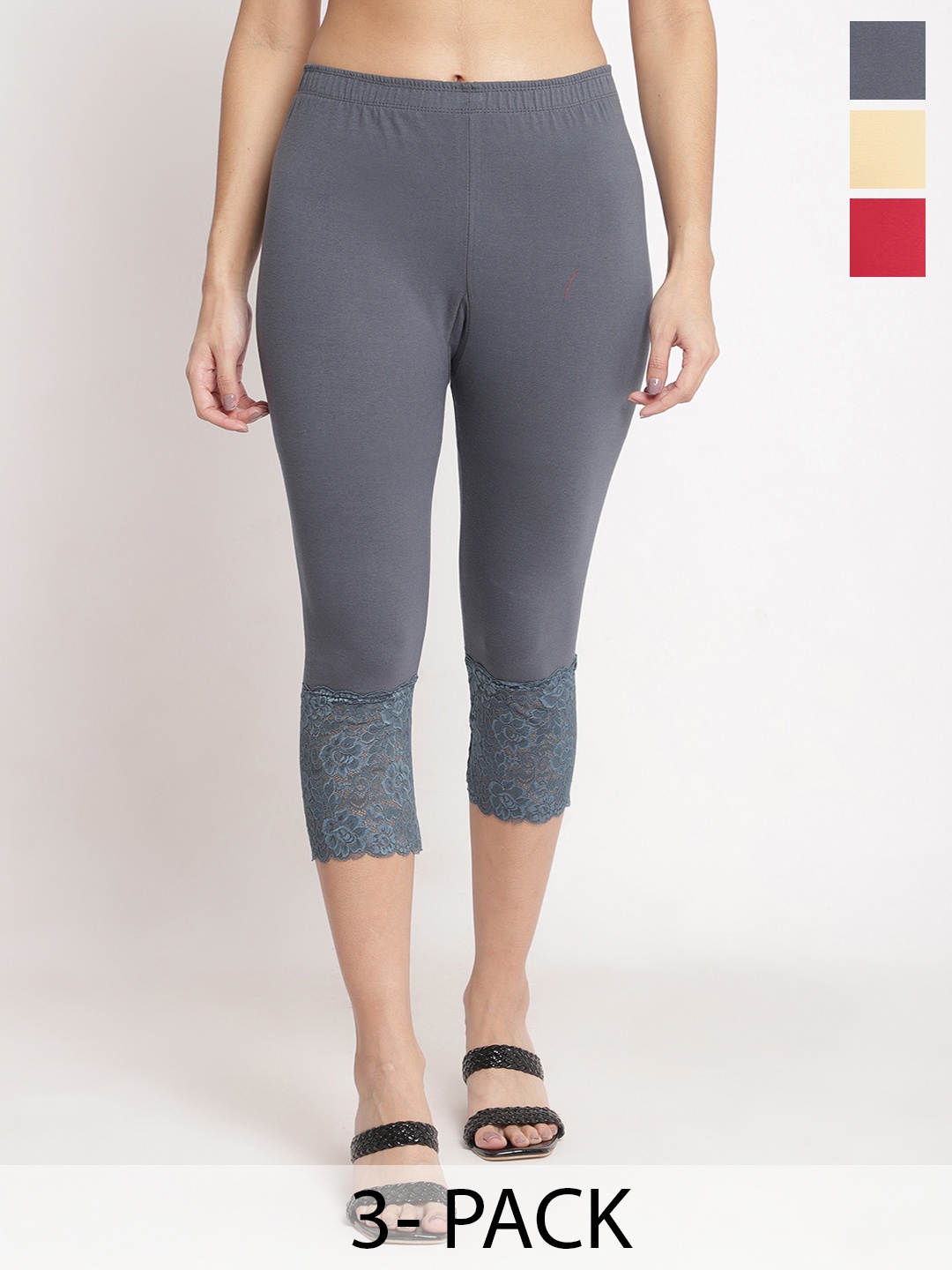 

Jinfo Women Pack Of 3 Skinny Fit Capris, Grey