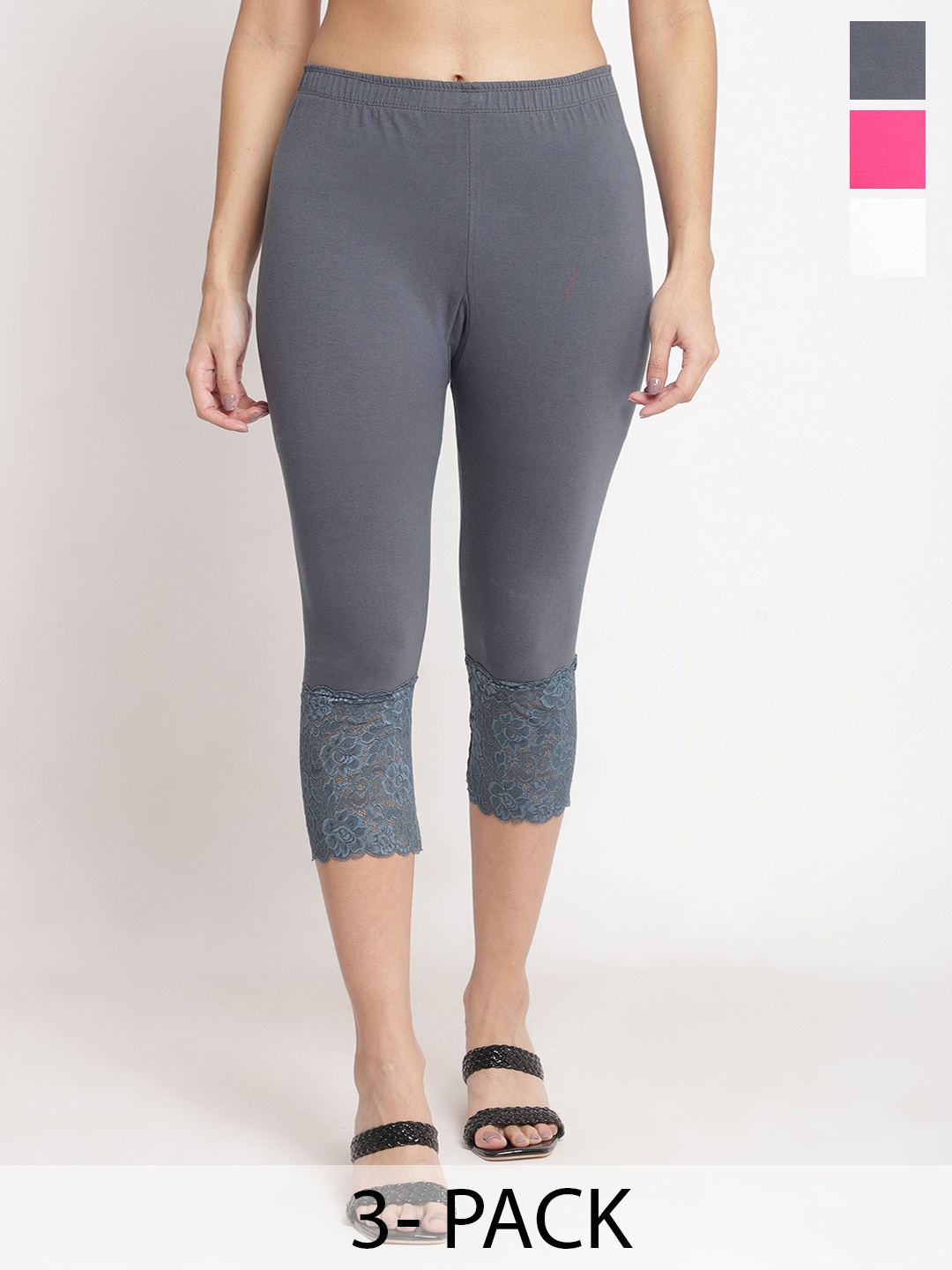 

Jinfo Women Pack Of 3 Skinny Fit Capris, Grey