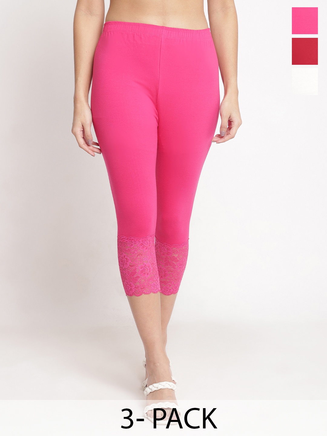 

Jinfo Women Pack Of 3 Skinny Fit Capris, Pink