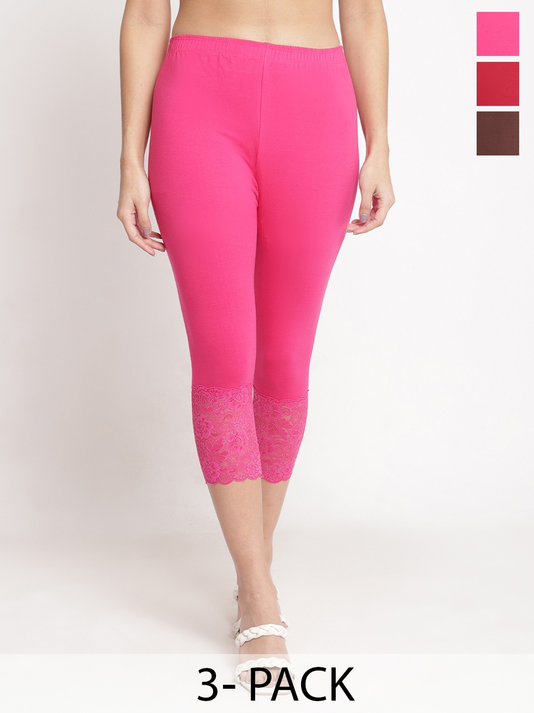 

Jinfo Women Pack Of 3 Skinny Fit Capris, Pink