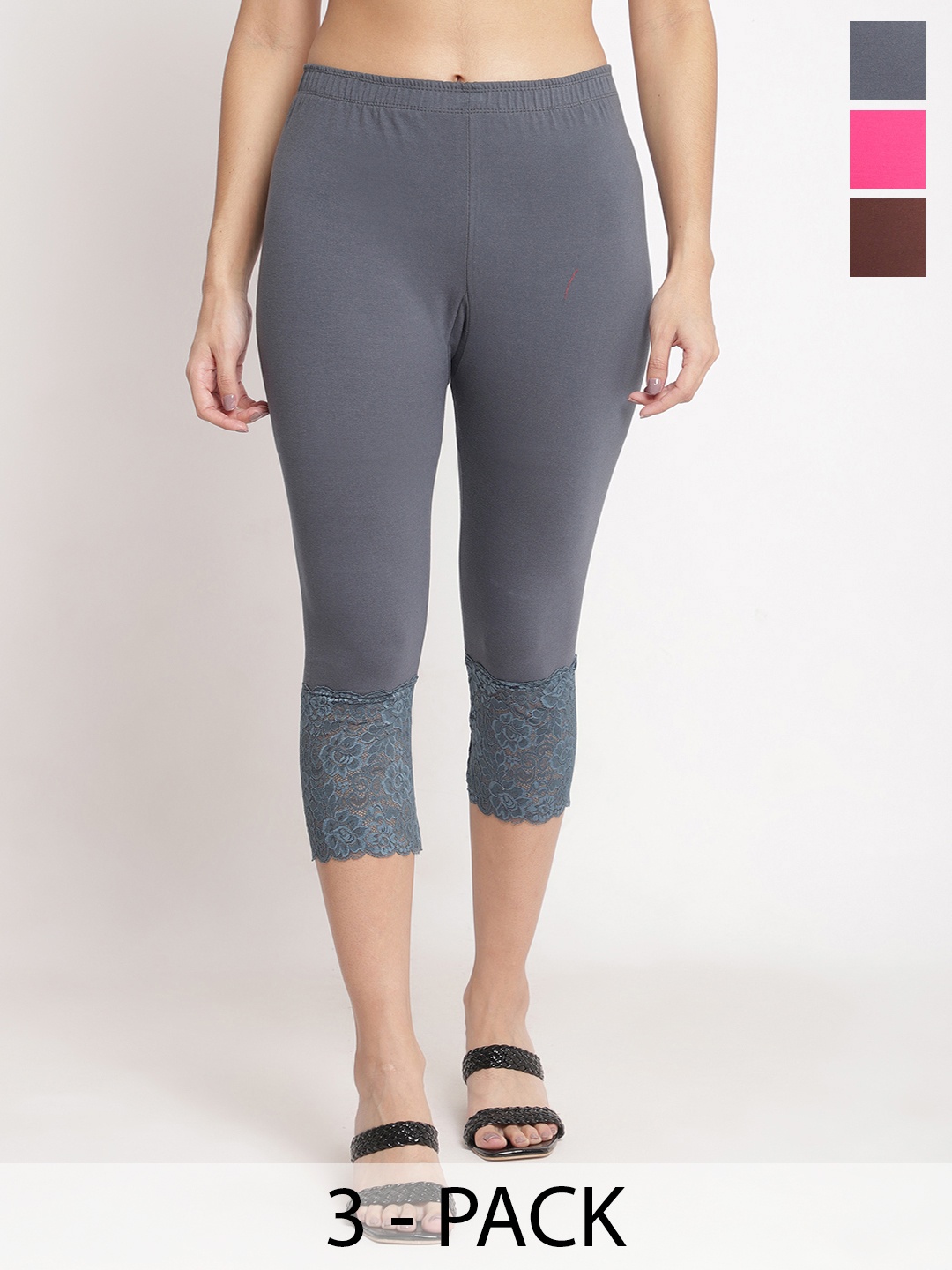

Jinfo Women Pack Of 3 Skinny Fit Capris, Grey