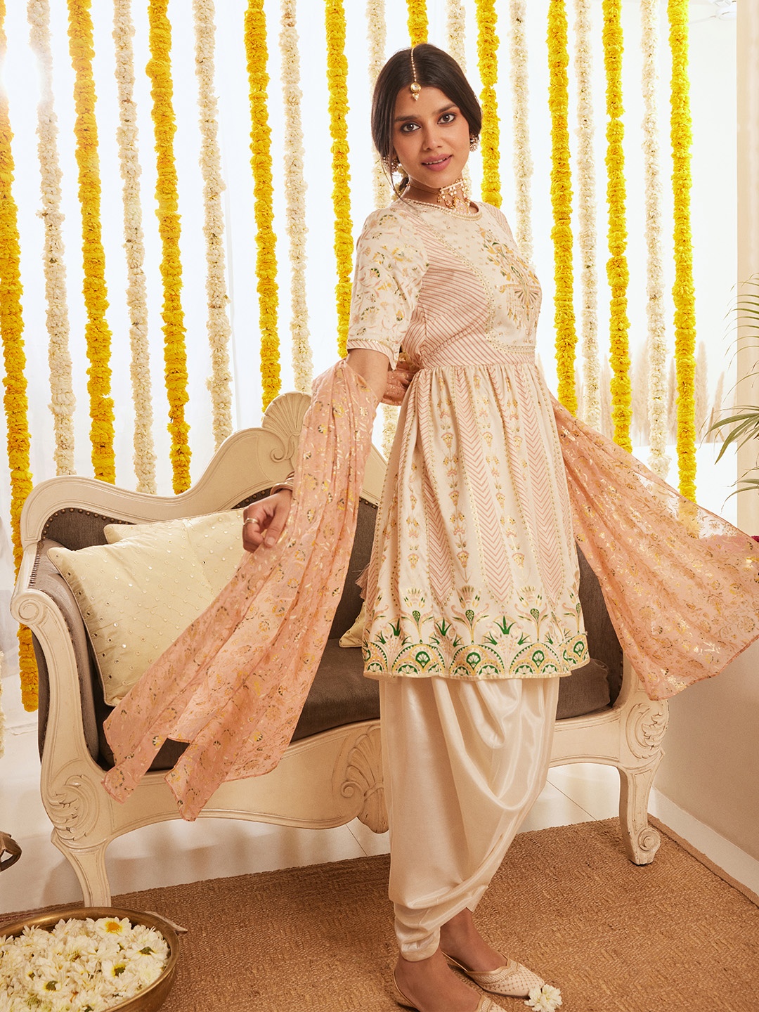 

AURELIA Ethnic Motifs Printed A-line Pleated Kurta with Dhoti Pants & Dupatta, Off white