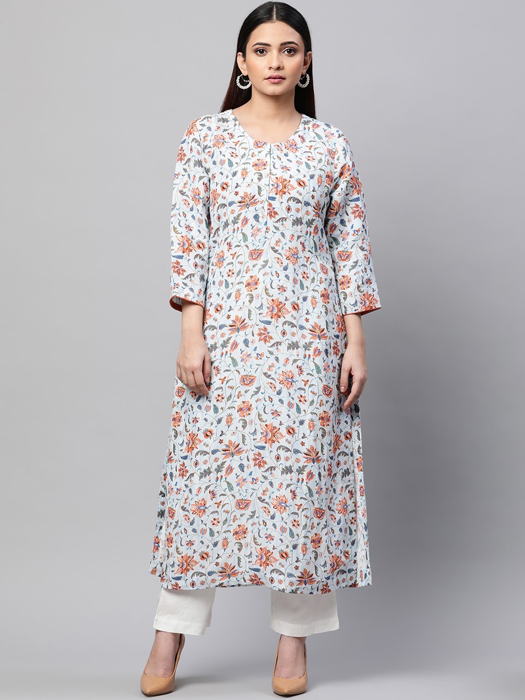 

Linen Club Woman Floral Printed A-Line Linen Kurta, Blue