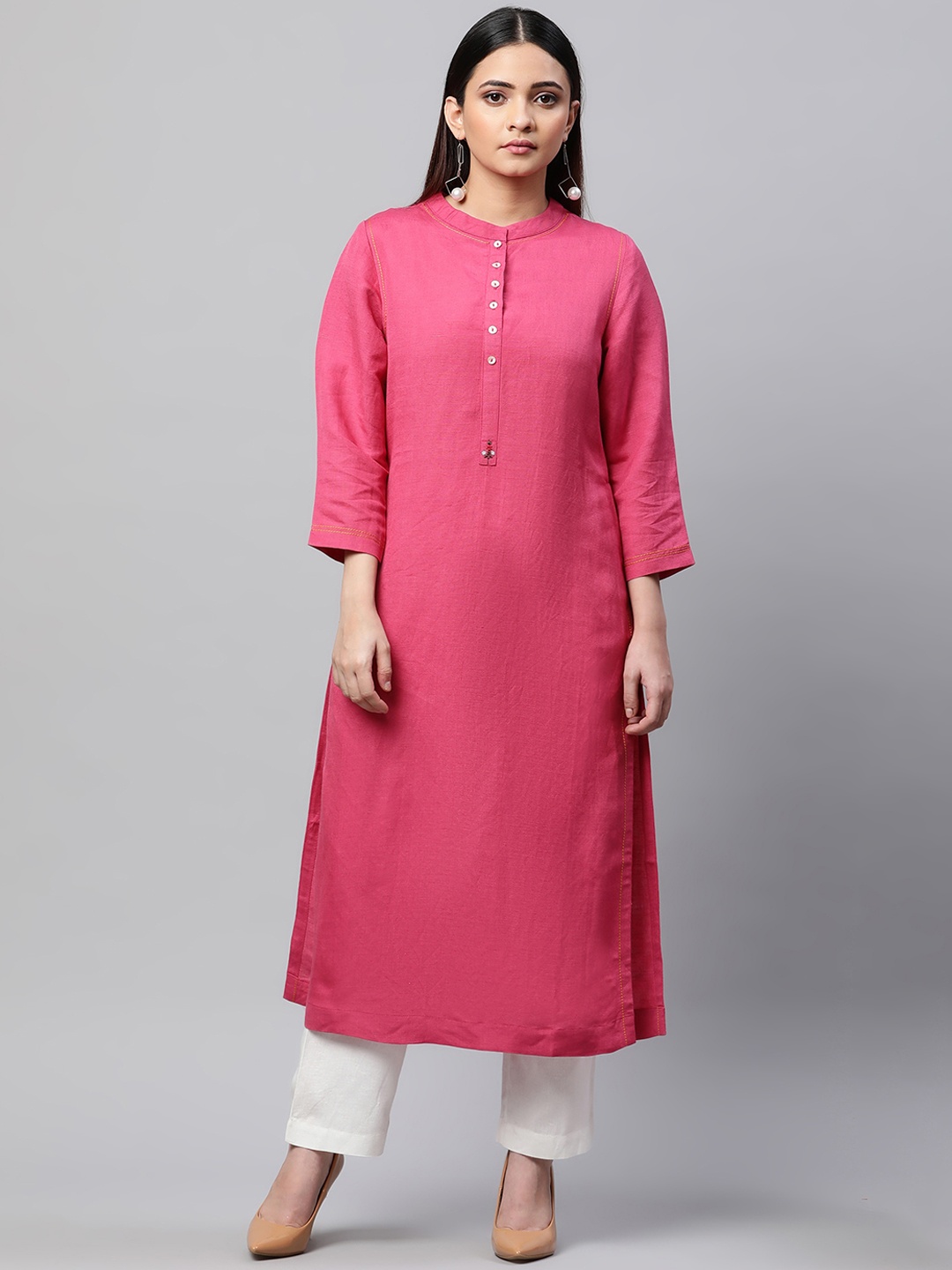

Linen Club Woman Mandarin Collar Long Sleeves A-Line Kurta, Pink