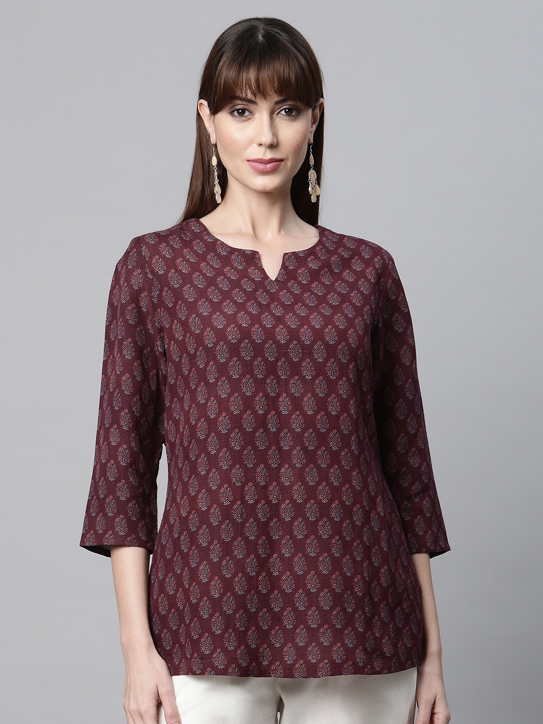 

Linen Club Woman Ethnic Motifs Printed Linen Kurti, Burgundy