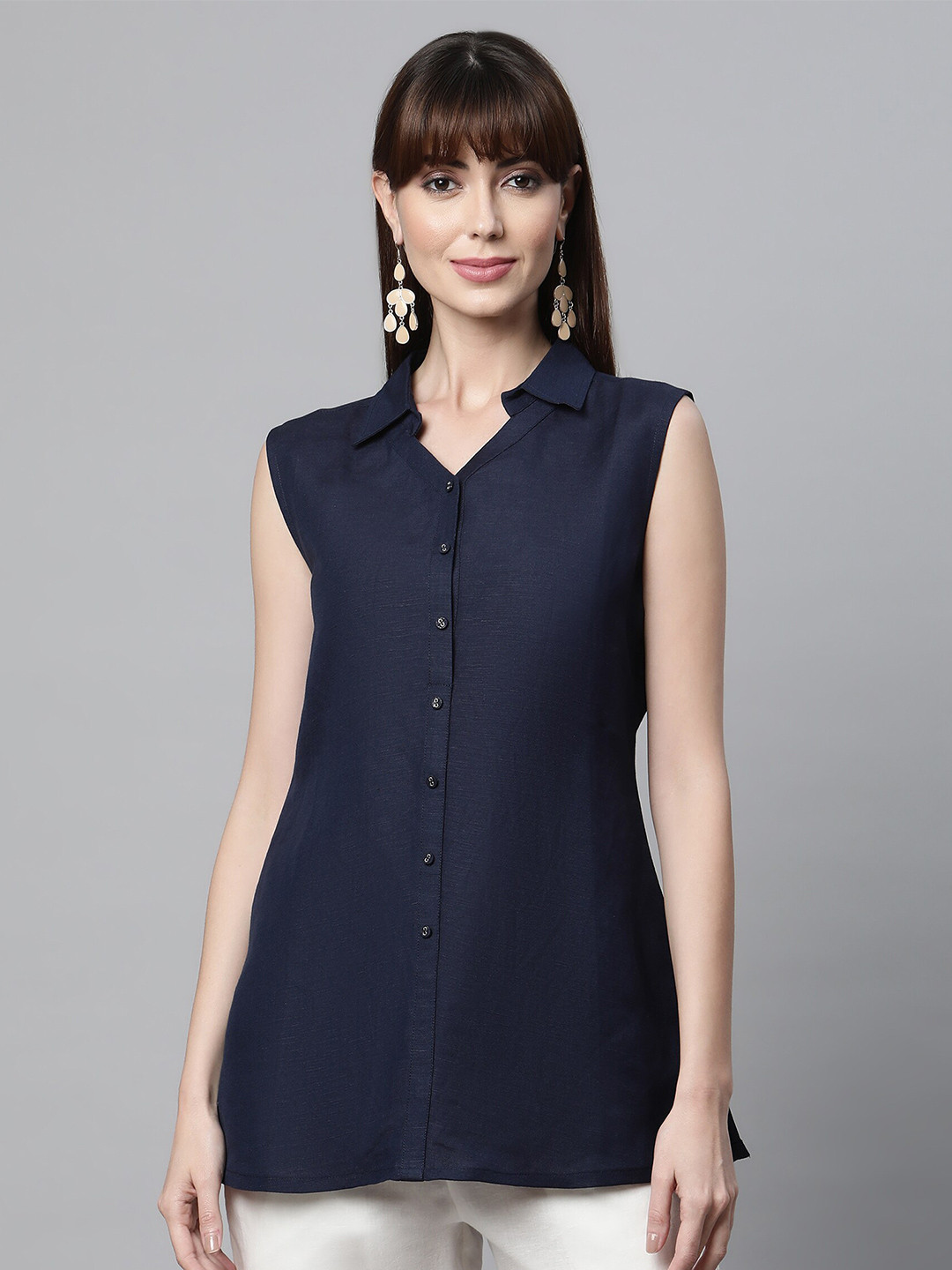 

Linen Club Woman Shirt Collar Linen Tunic, Navy blue