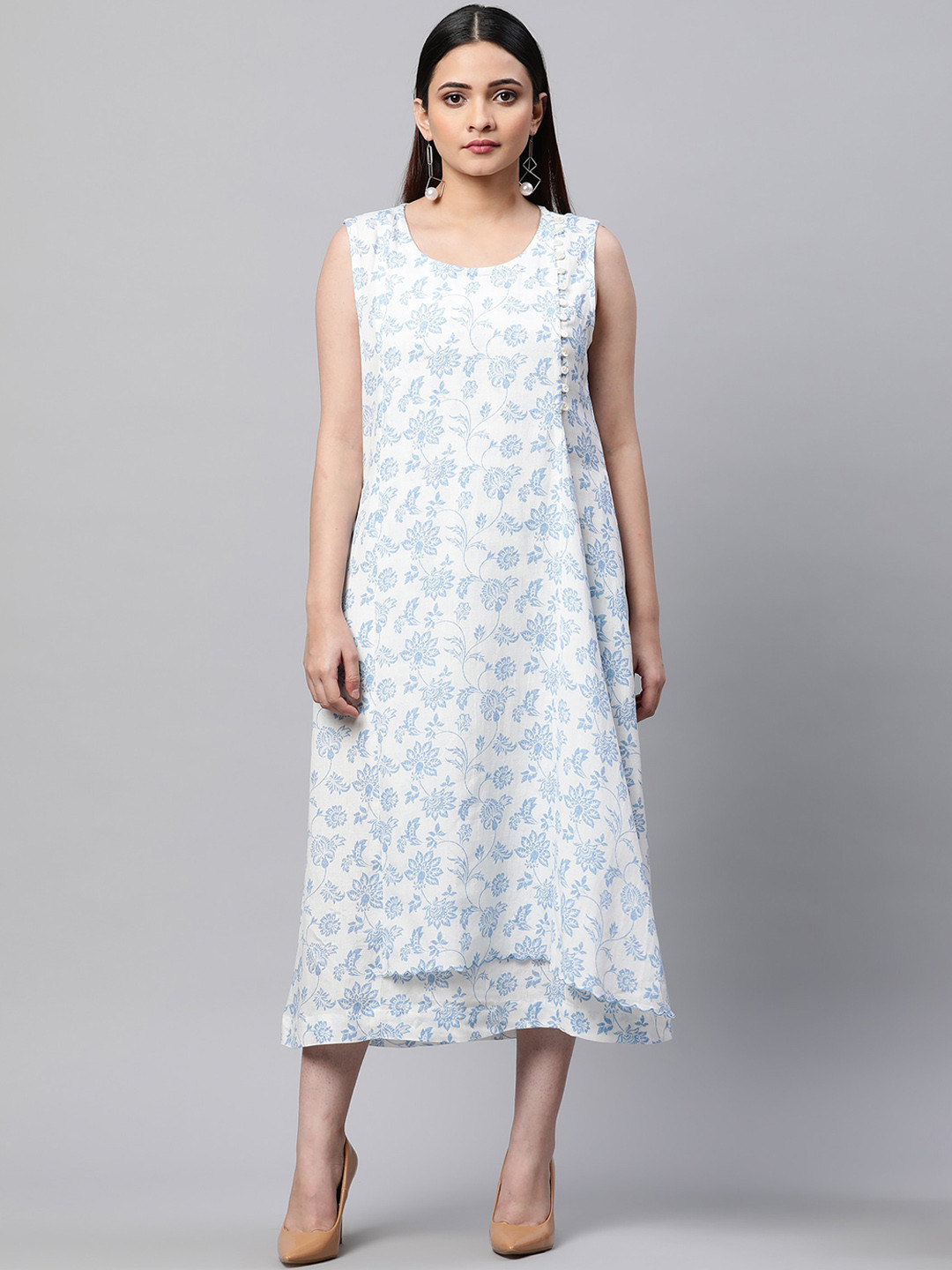 

Linen Club Woman Floral Printed Round Neck Linen Dress, White