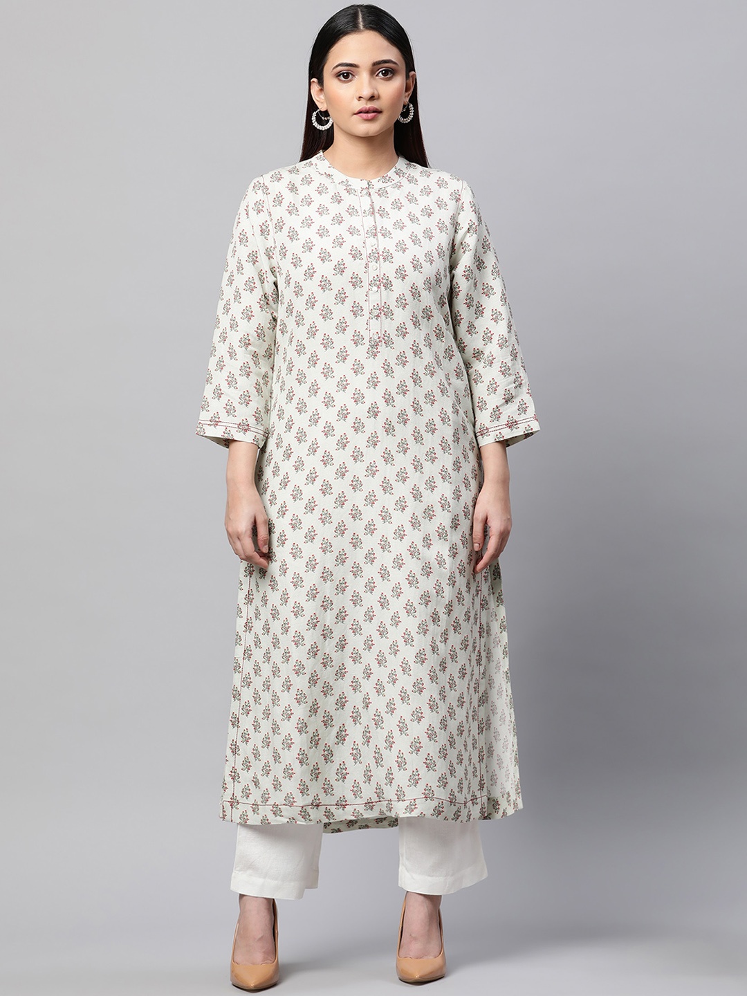 

Linen Club Woman Floral Printed Linen Kurta, Green