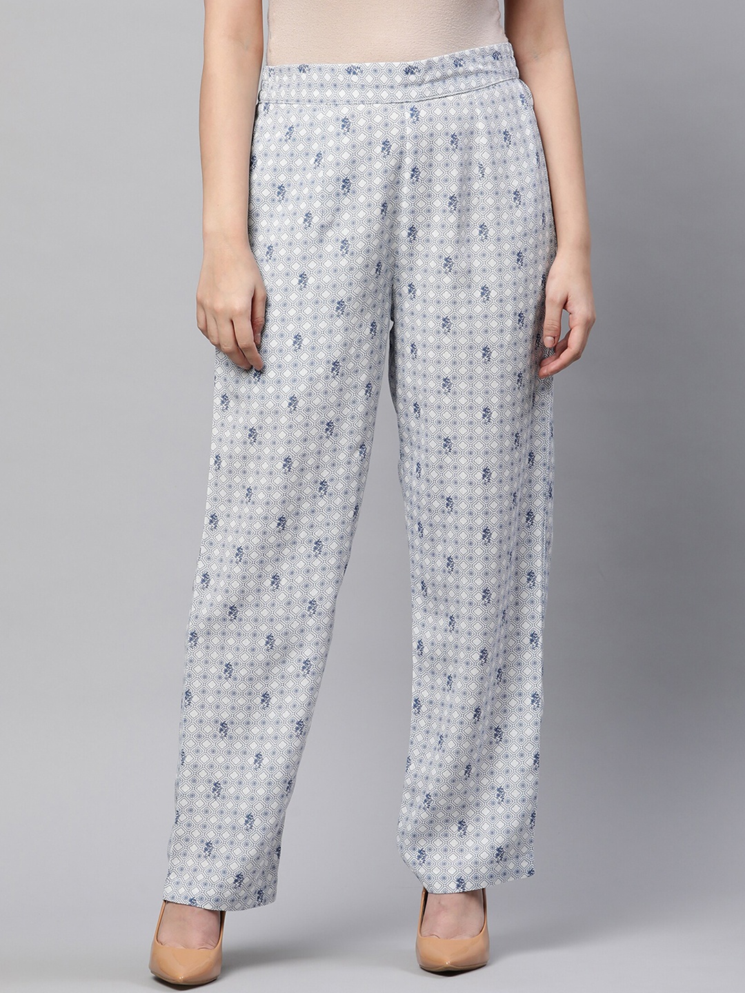 

Linen Club Woman Women Mid Rise Printed Trousers, Navy blue