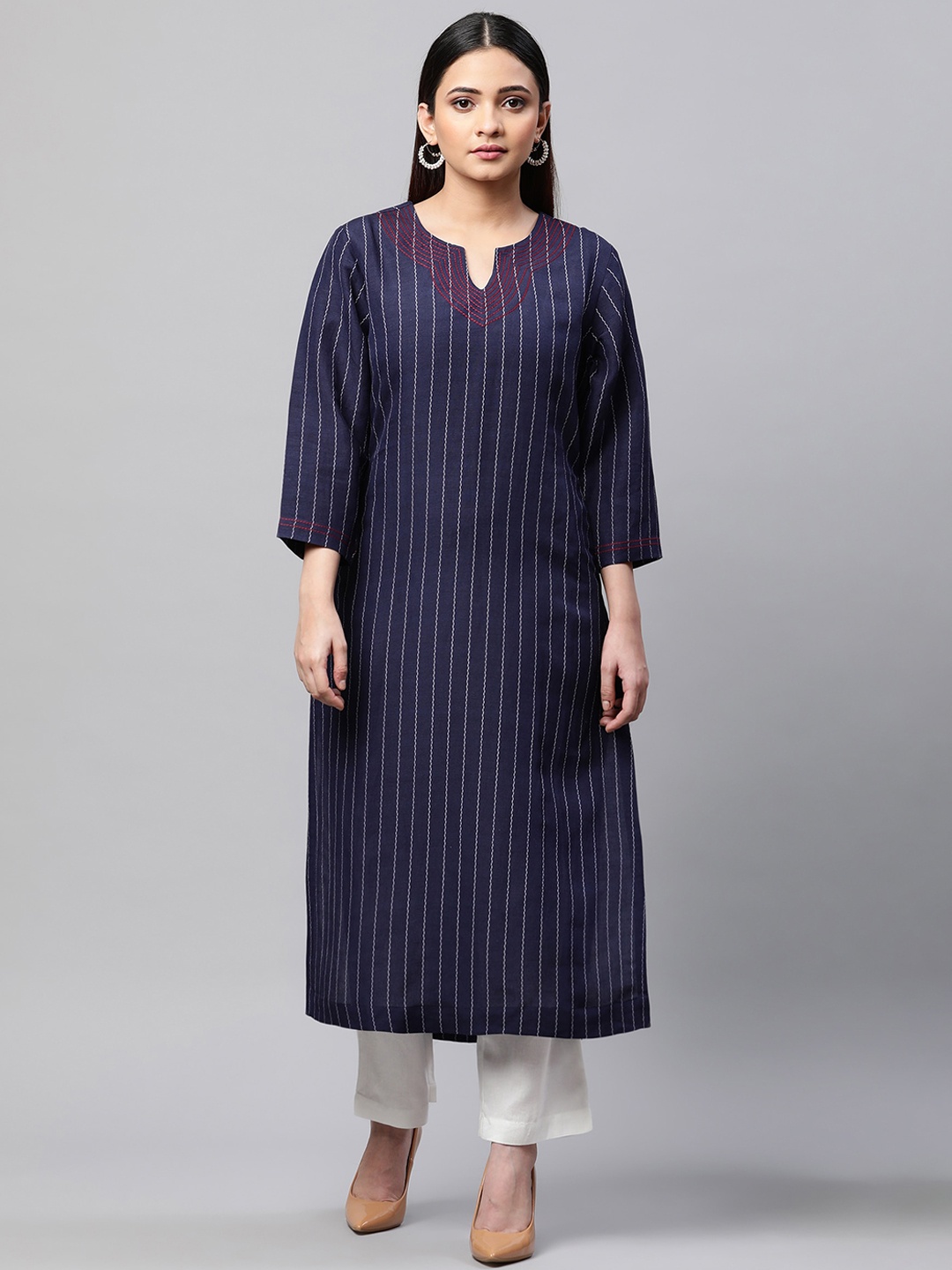 

Linen Club Woman Striped Linen Kurta, Navy blue