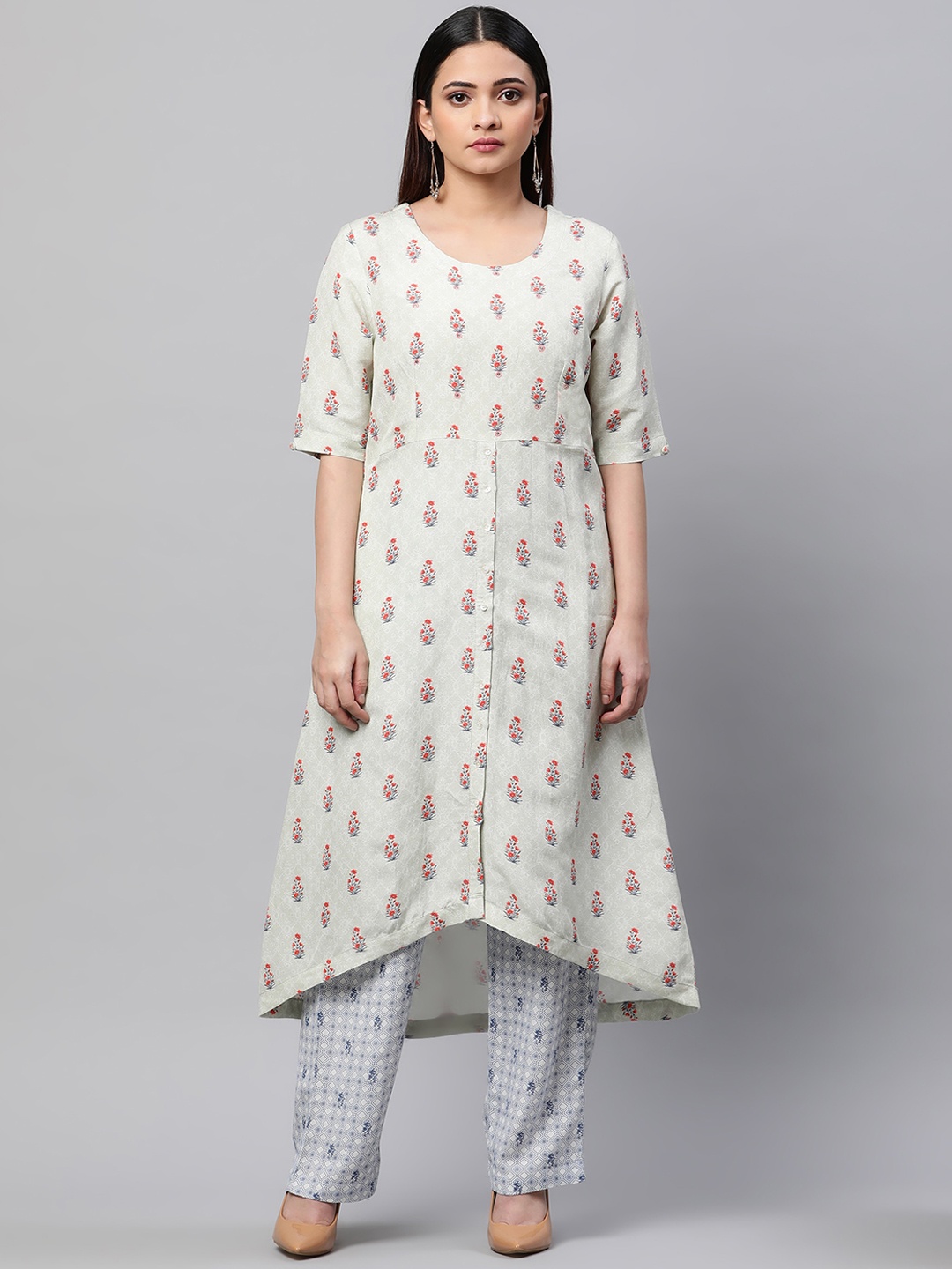 

Linen Club Woman Ethnic Motifs Printed Linen Kurta, Green