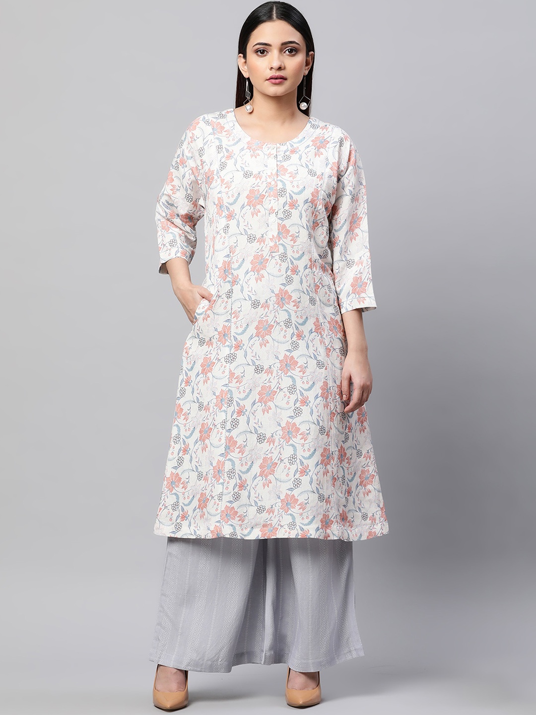 

Linen Club Woman Floral Printed Linen Kurta with Palazzos, White