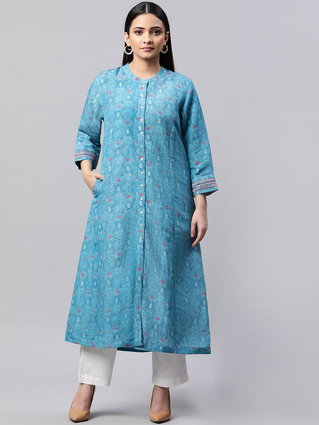 

Linen Club Woman Floral Printed Linen Kurta, Blue