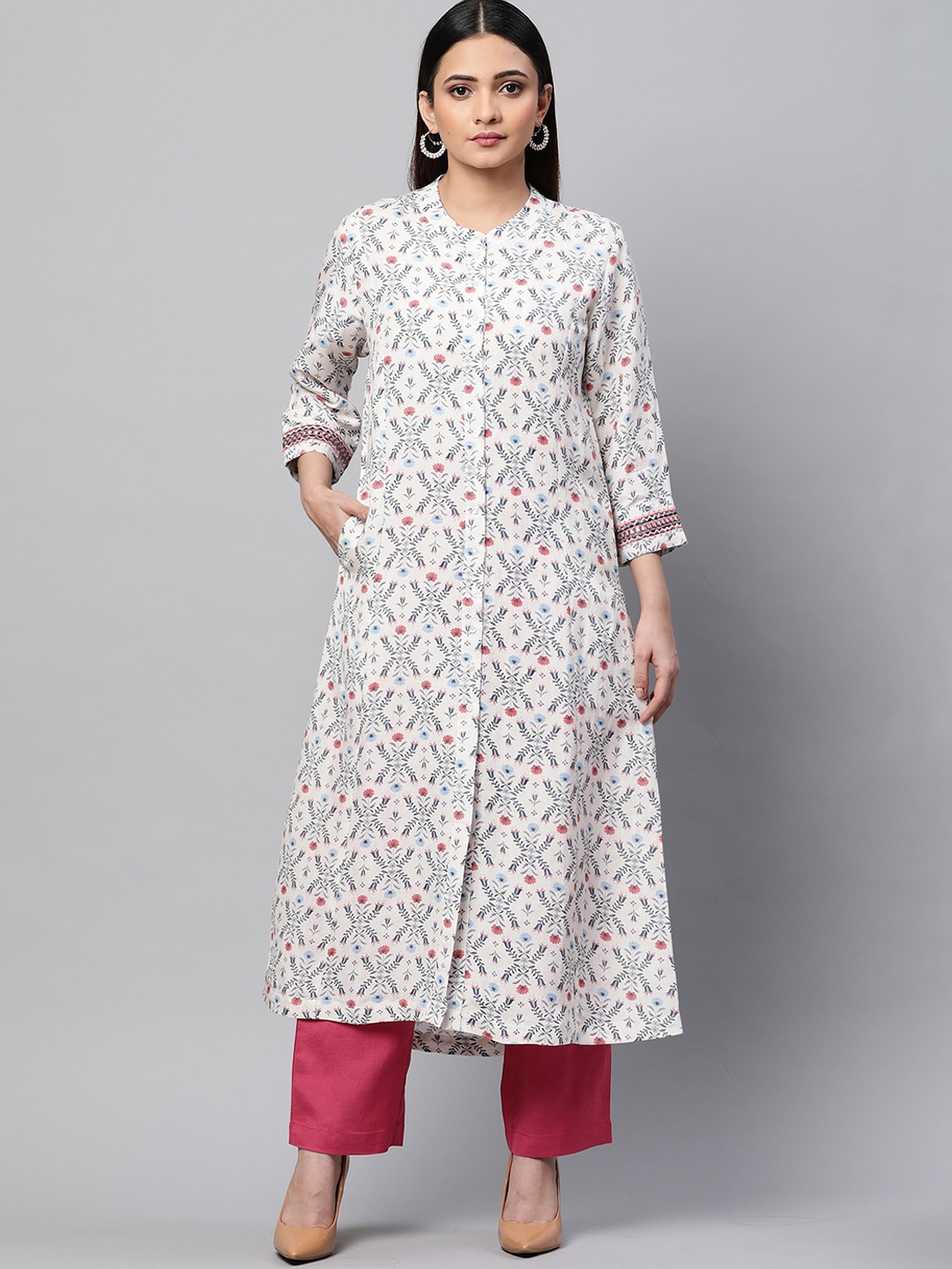 

Linen Club Woman Floral Printed Linen Kurta, White