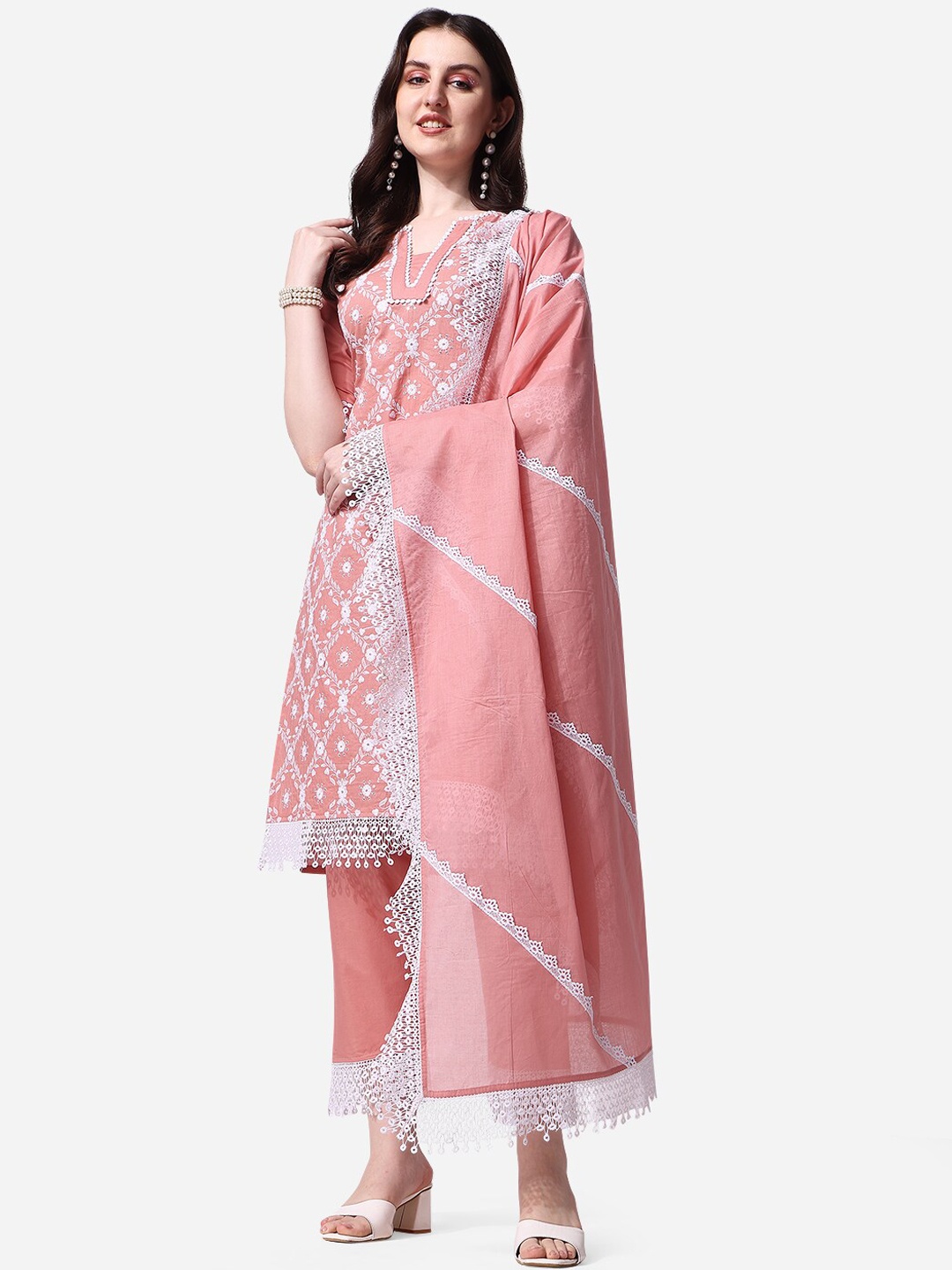 

Berrylicious Ethnic Motifs Embroidered Sequined Pure Cotton Kurta with Trousers & Dupatta, Peach