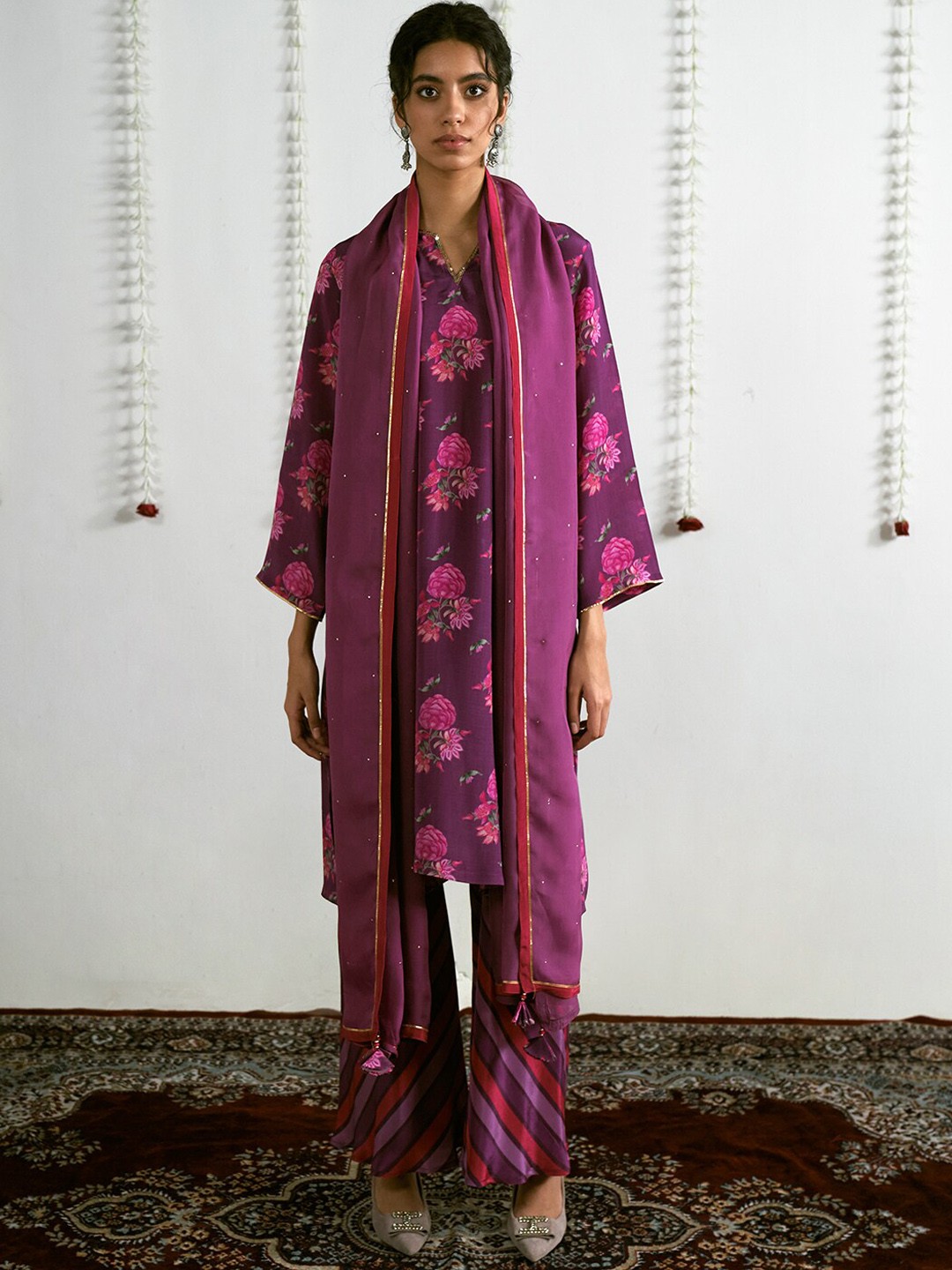 

Ganga Floral Printed Straight Kurta with Trousers & Dupatta, Purple
