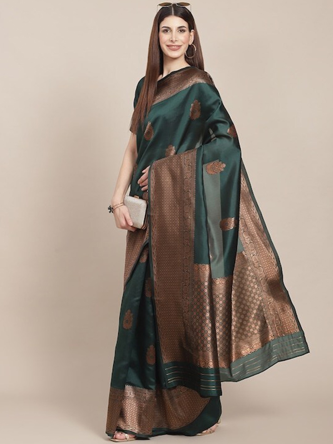 

GAJARAI Floral Motif Woven Design Zari Banarasi Saree, Green