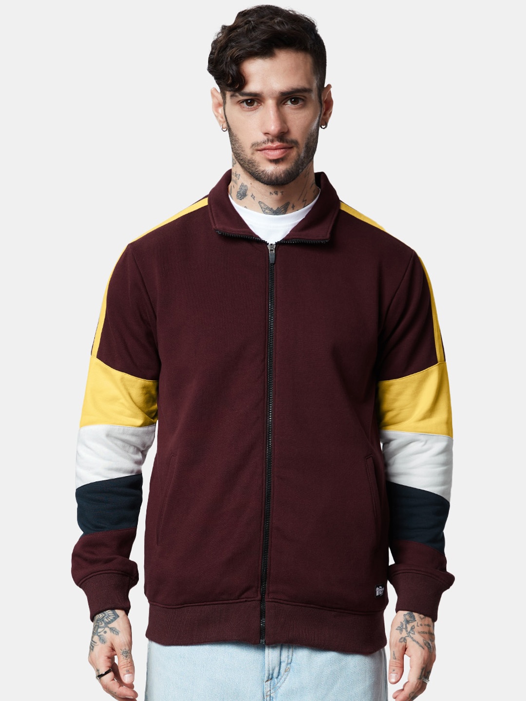

The Souled Store Men Colourblocked Spread Collar Cotton Bomber Jacket, Maroon