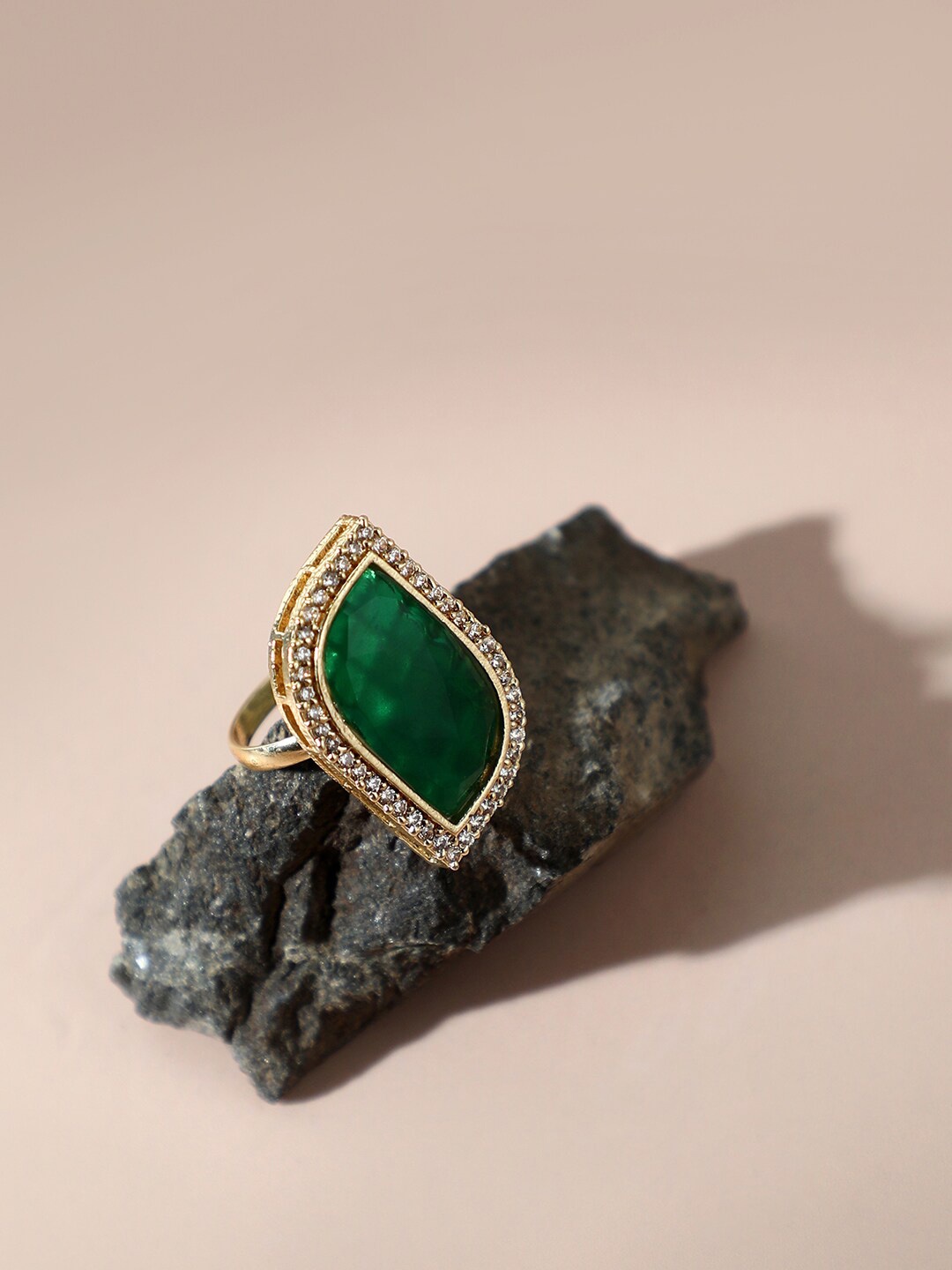 

SOHI Gold-Plated Stone-Studded Adjustable Finger Ring, Green