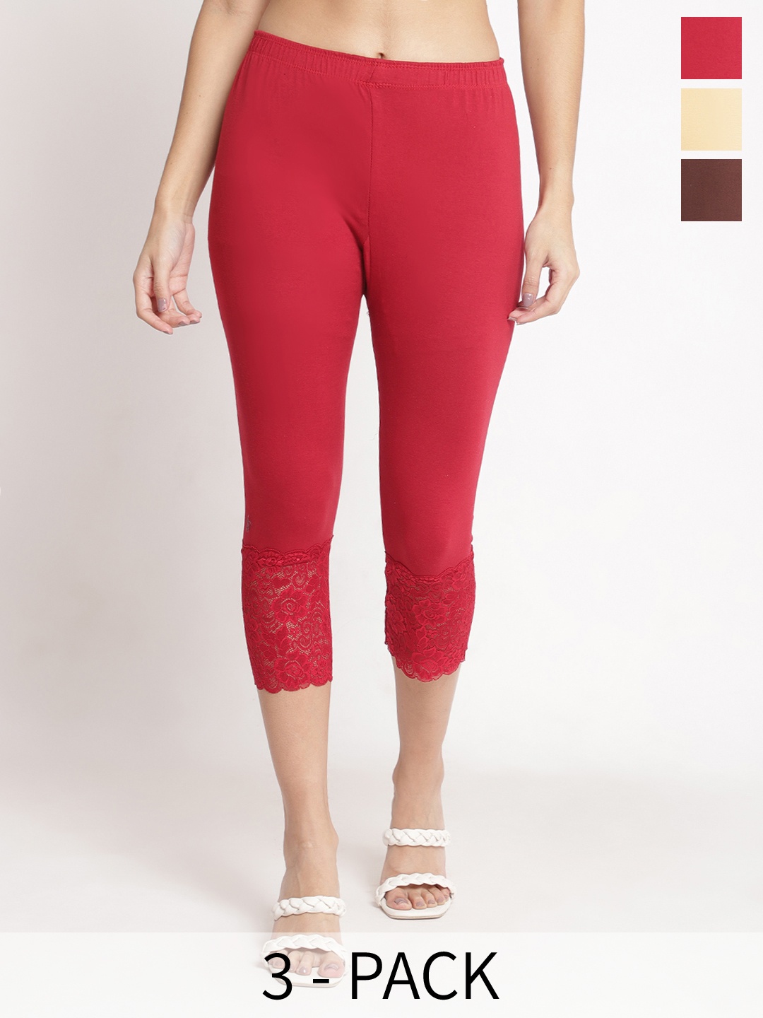 

GRACIT Women Beige & Maroon Brown Skinny Fit Capris