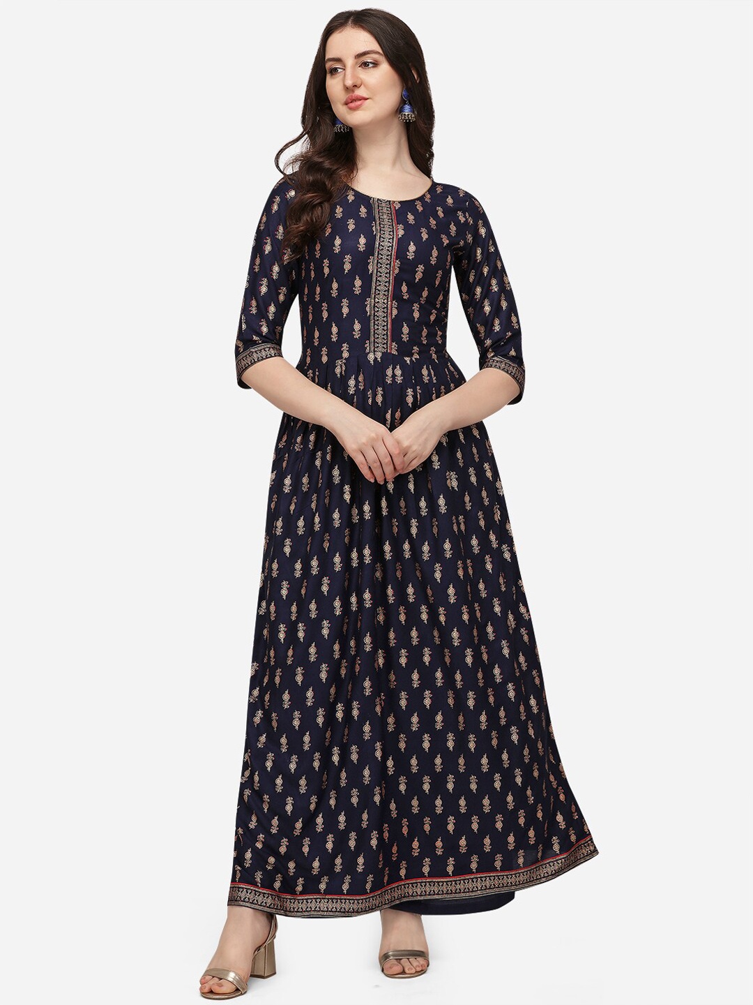 

Florence Ethnic Motifs Foil Printed Anarkali Kurta with Trousers, Navy blue