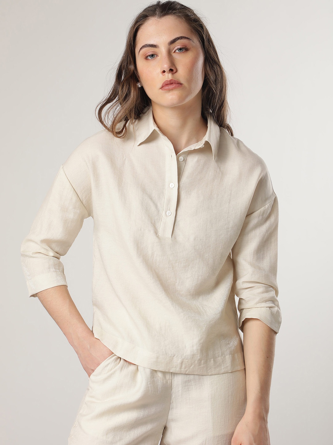 

RAREISM Shirt Style Cotton Top, Beige