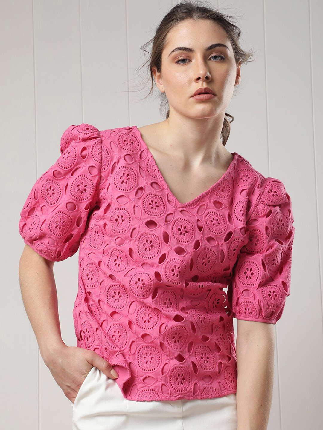 

RAREISM Floral V-Neck Puff Sleeves Schiffli Cotton Top, Pink