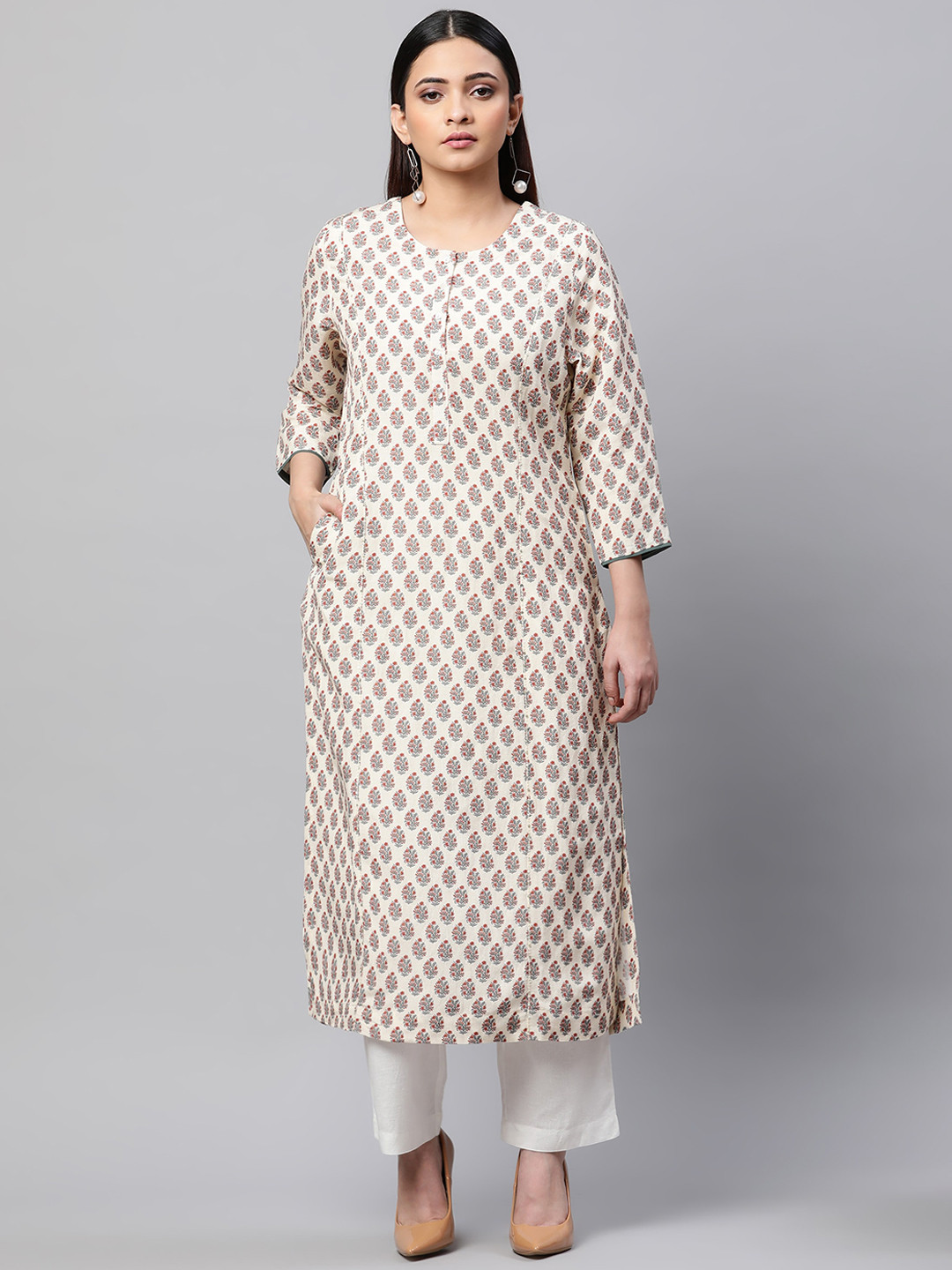 

Linen Club Woman Ethnic Motifs Printed Linen Kurta, Beige
