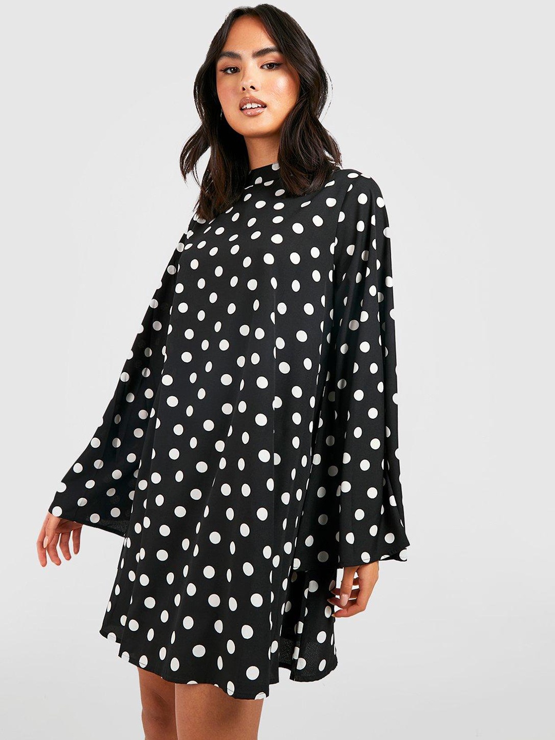 

Boohoo Polka-Dots Print A-Line Mini Dress, Black