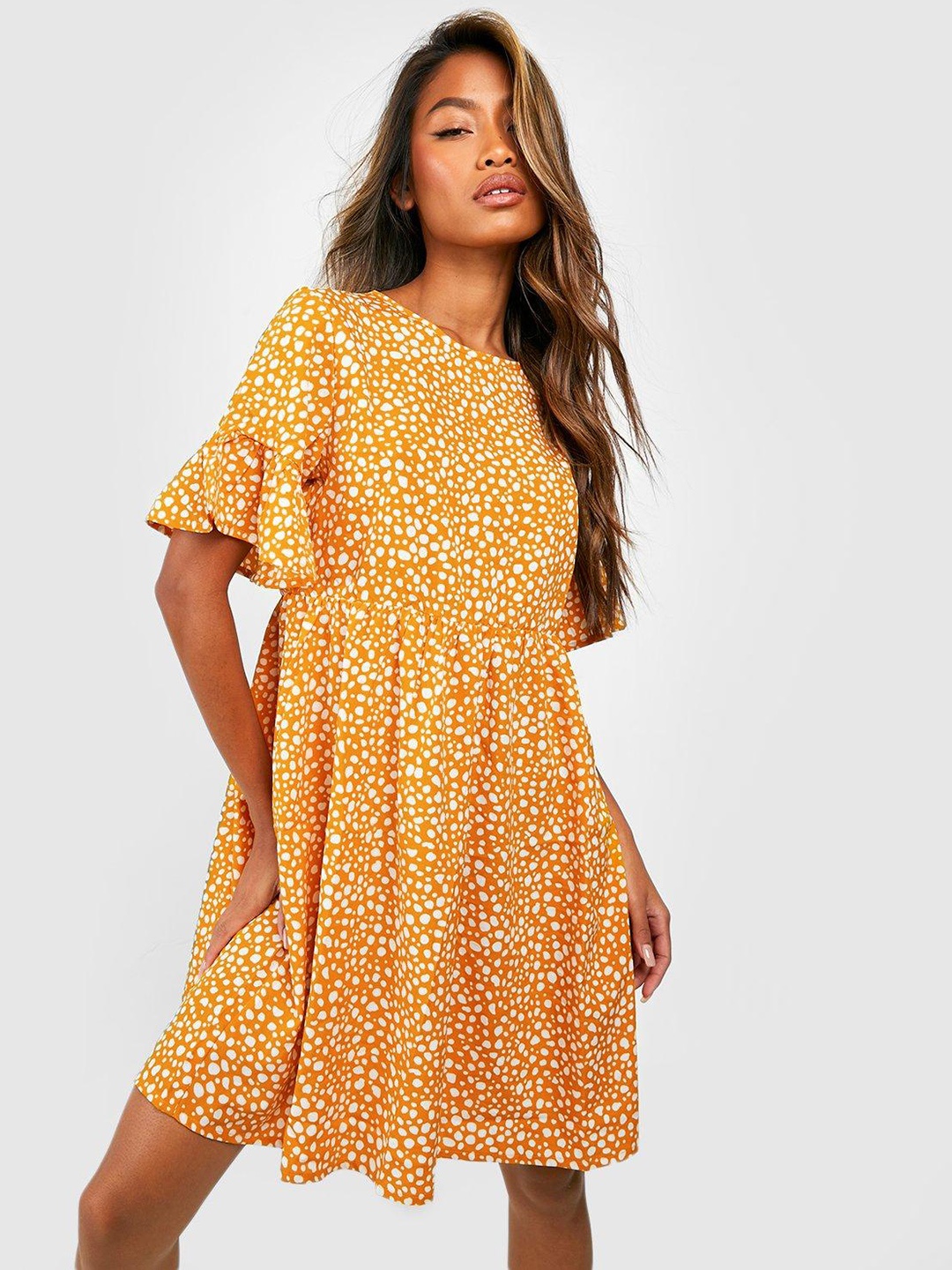 

Boohoo Micro Print A-Line Mini Dress, Yellow